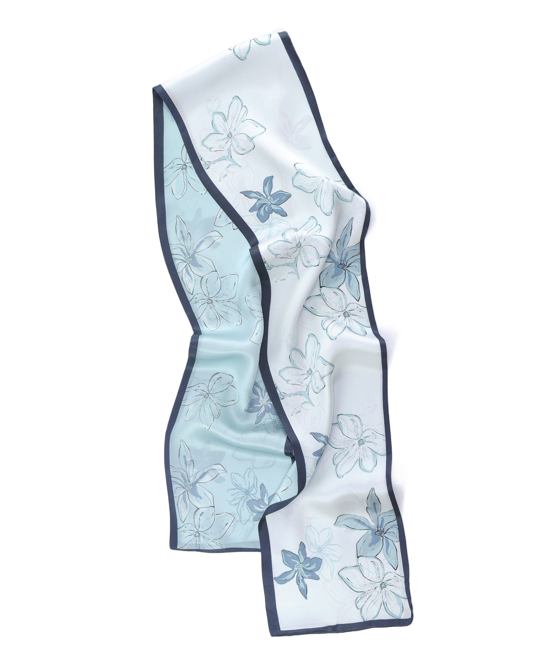 Seidentuch schmaler Bandeau beidseitig, Blüten hellblau 16 x 145 cm, Sommerschal