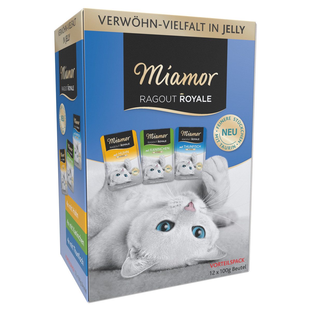 Miamor Ragout Royale Multibox in Jelly, Kaninchen, Thunfisch, Huhn 12 x 100 g, Nassfutter für: Katze