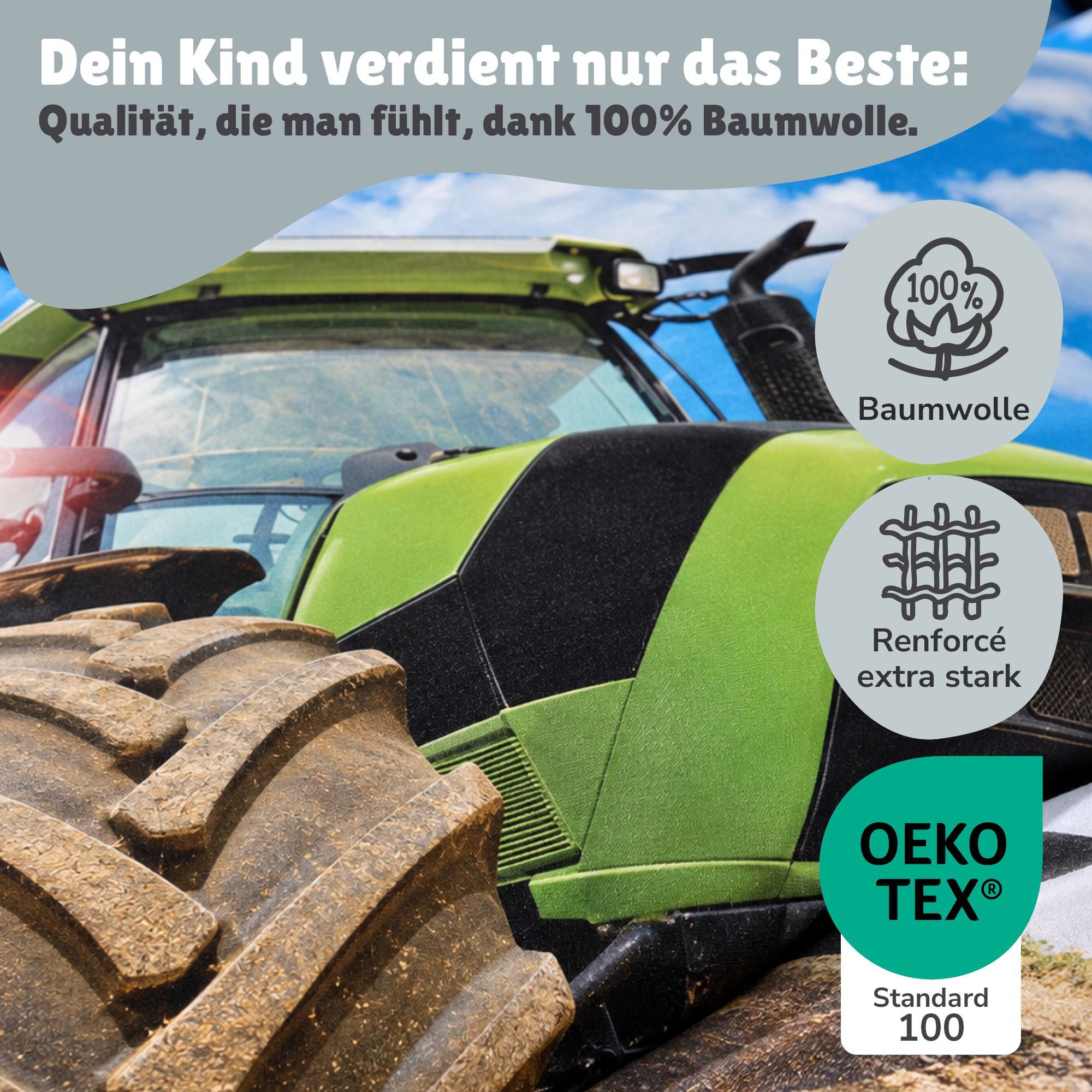 Familando Kinderbettwäsche Traktor Trekker, Set 135x200 80x80 cm, 100% Baumwolle, Reißverschluss, Renforcé, 2 teilig, mit rotem und grünem Traktor (Wendemotiv) – Bild 5 von 5