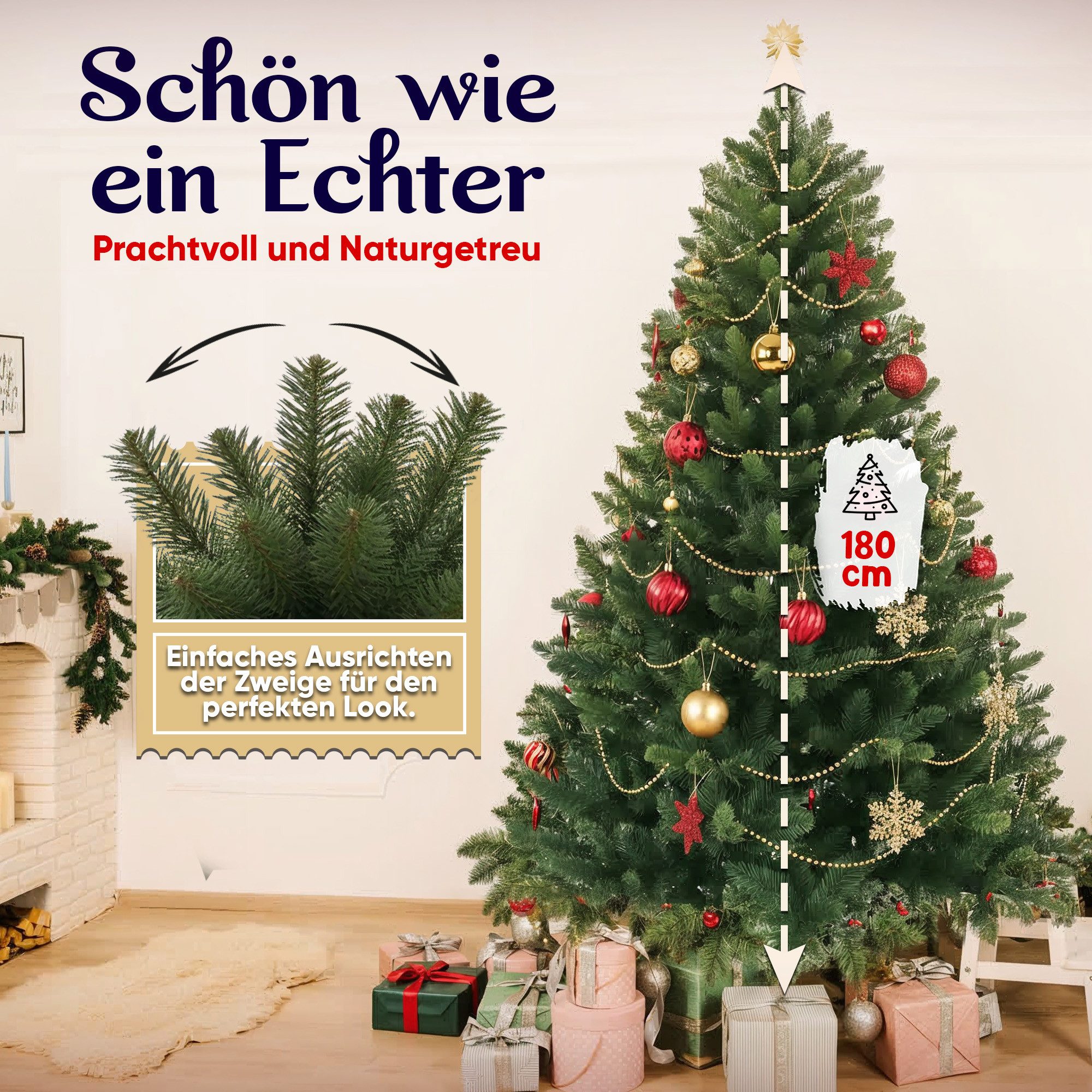 VESKA Künstlicher Weihnachtsbaum Naturgetreu mit Holzständer, Tannenbaum 140cm / 180 cm, Nordmanntanne, dichte Zweige, mit Aufbewahrungstasche, LED Beleuchtung – Bild 5 von 5