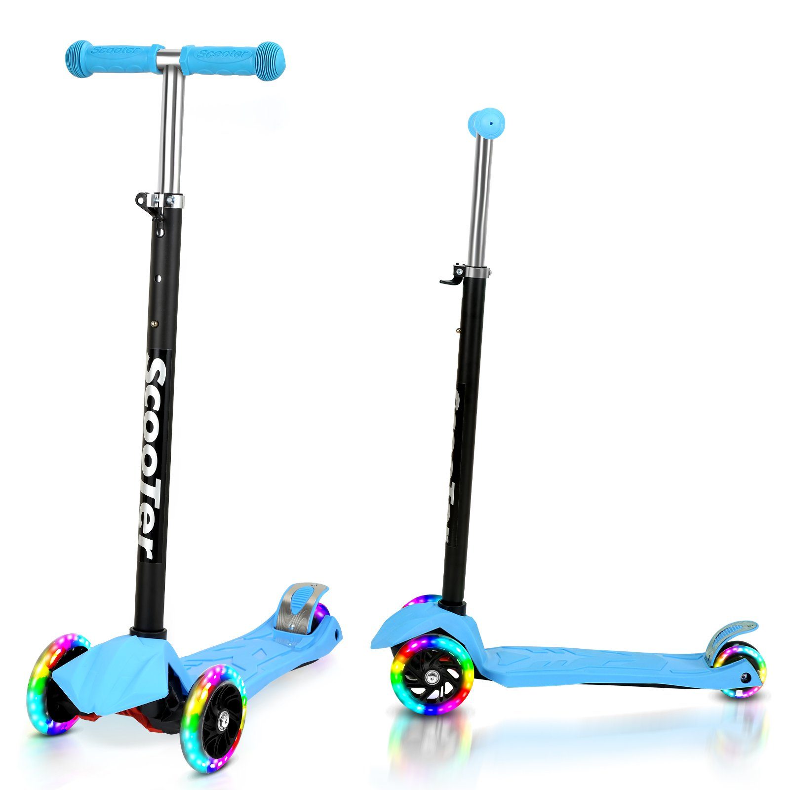 Clanmacy Kinderroller Höhenverstellbar LED-Räder Scooter 50 Tretroller bis kg Blau