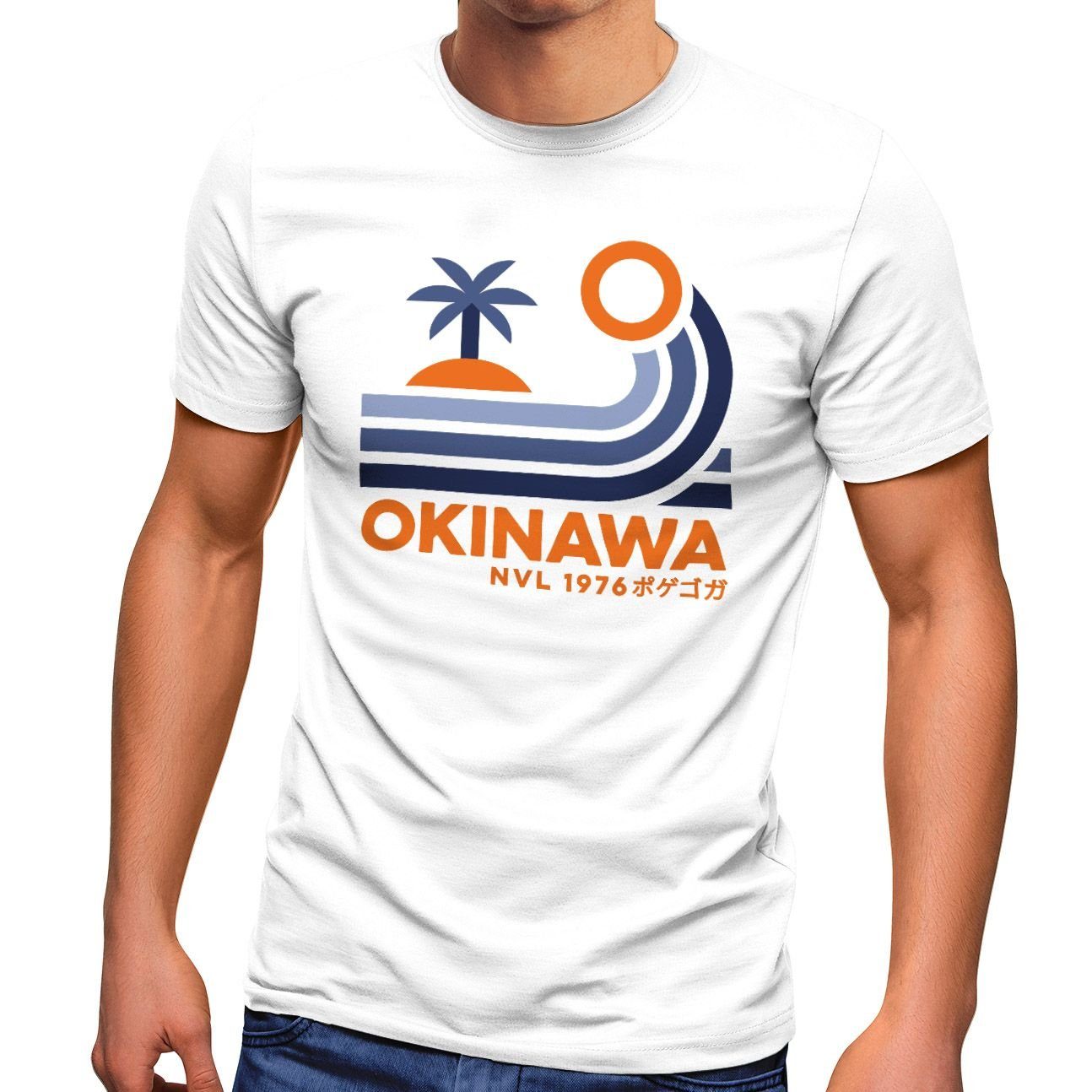 Print-Shirt Herren T-Shirt Japan Okinawa Schriftzug Retro Palme Welle Fashion
