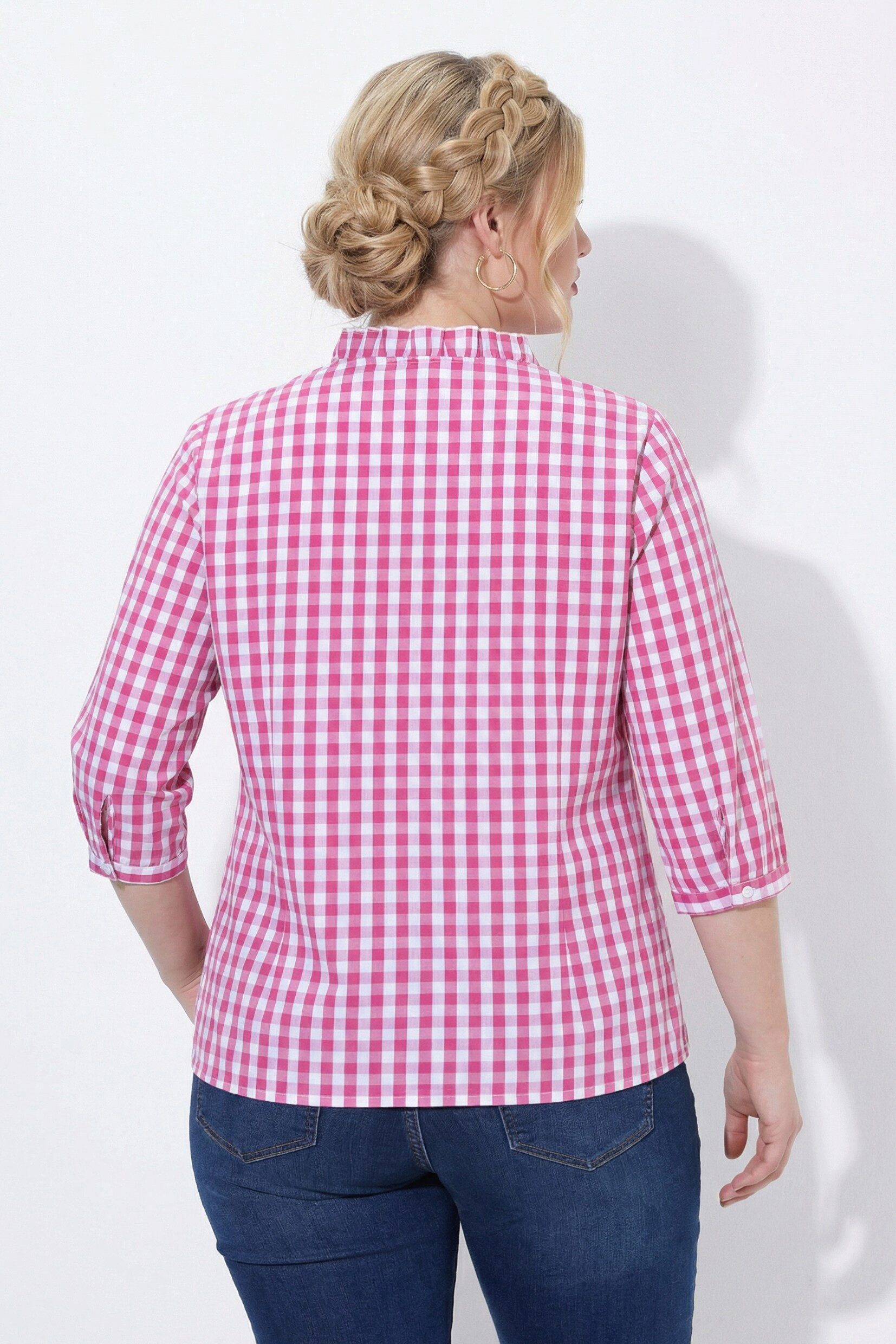 Ulla Popken Trachtenbluse Bluse Karomuster Rüschen Stehkragen 3/4-Arm