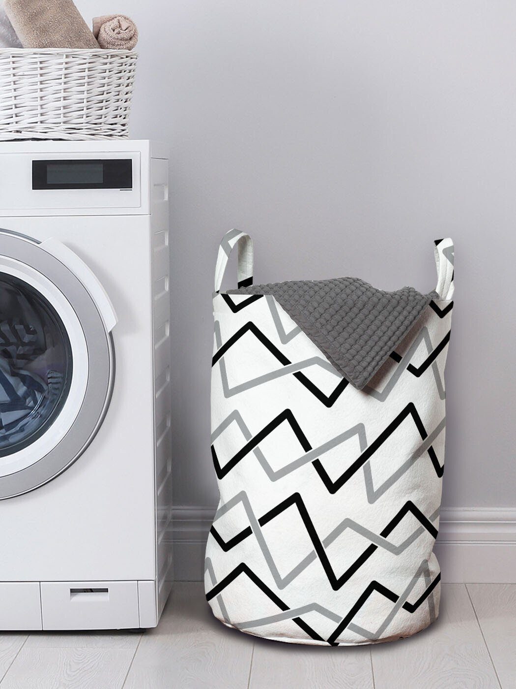 Wäschesäckchen Stripes für Wäschekorb Waschsalons, Abakuhaus Kordelzugverschluss Schwarz abgewinkelt und Griffen Grau mit