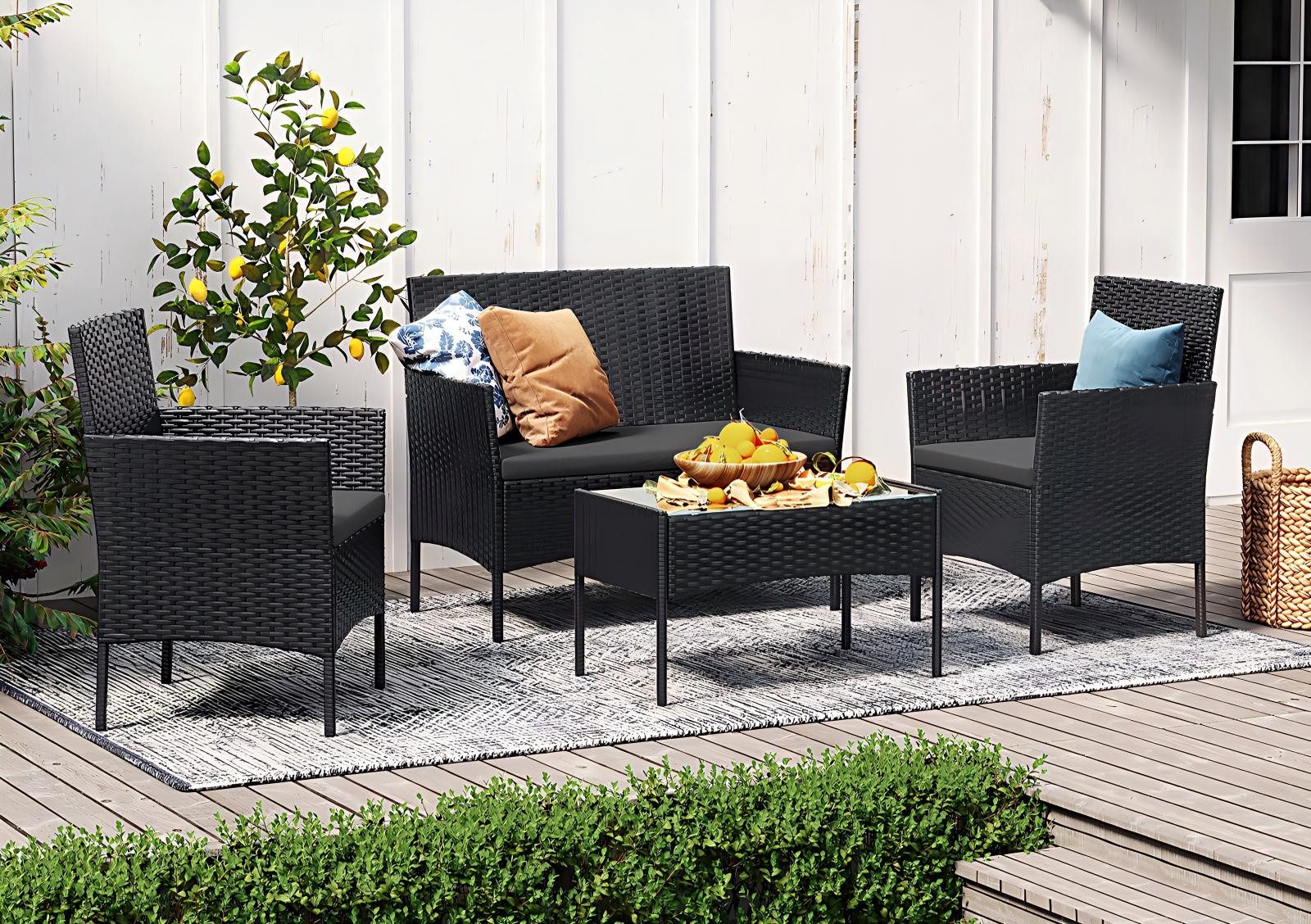 SONGMICS Gartenlounge-Set, (4-tlg., 2 Gartenstuhl, 1 Sofa, 1 Gartentisch, mit Kissen), Balkonmöbel, Terrassenmöbel