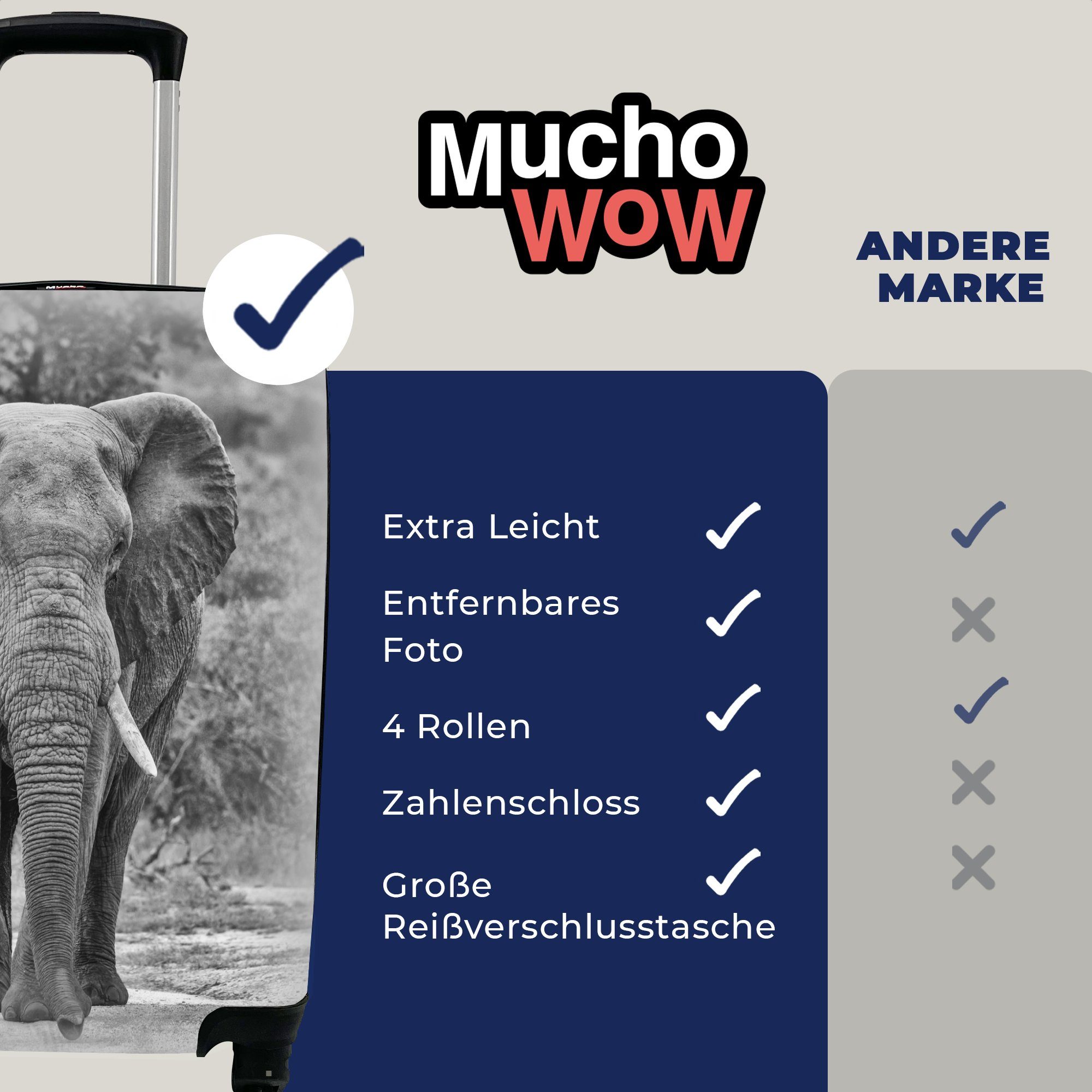 schwarz für MuchoWow und zentriert, Rollen, rollen, weiß Elefant Handgepäck Ferien, Handgepäckkoffer mit Reisetasche 4 Reisekoffer Trolley,