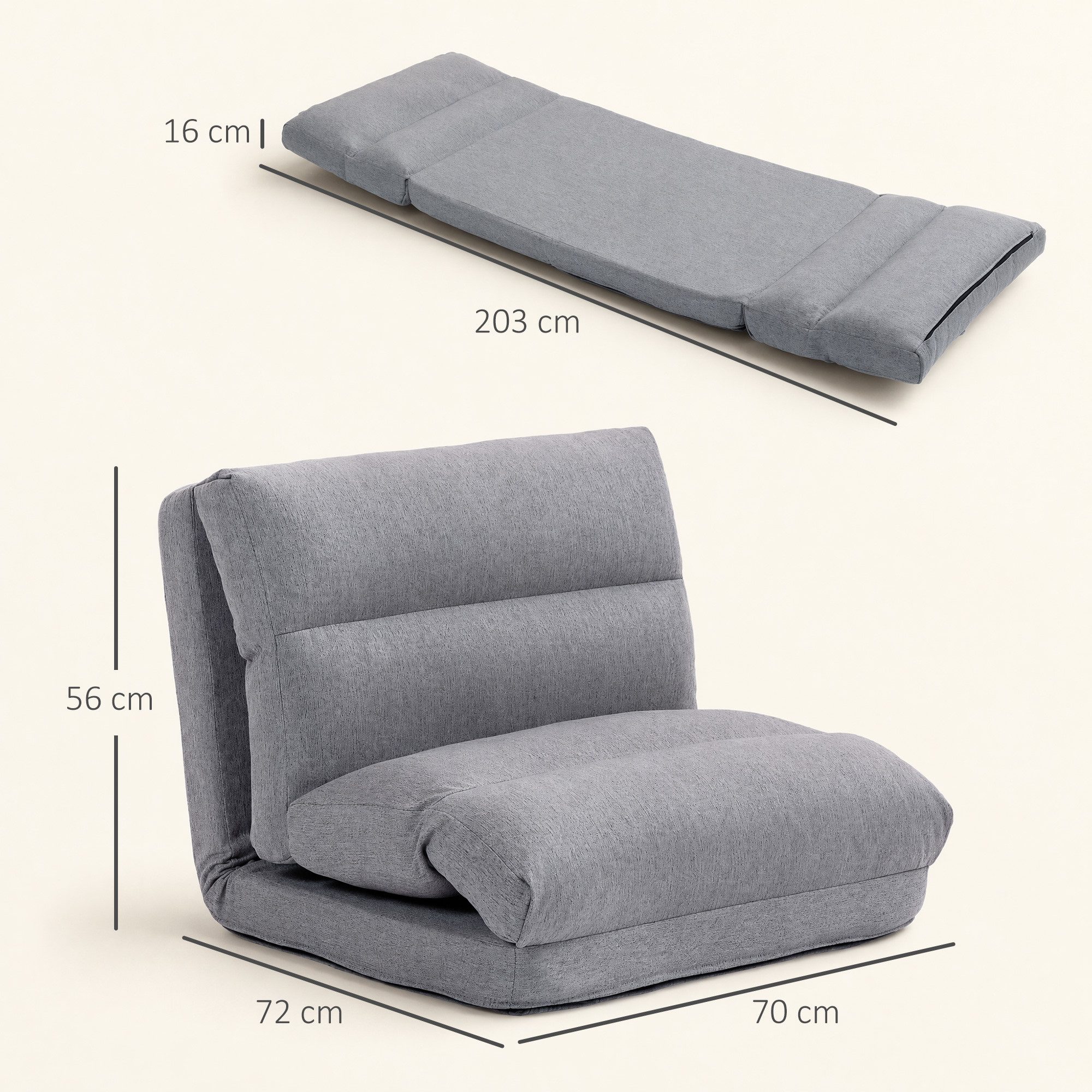 HOMCOM Bodenkissen 3 in 1 Schlafsessel klappbar Schlafsofa mit Bettfunktion, für Wohnzimmer Schlafzimmer Grau