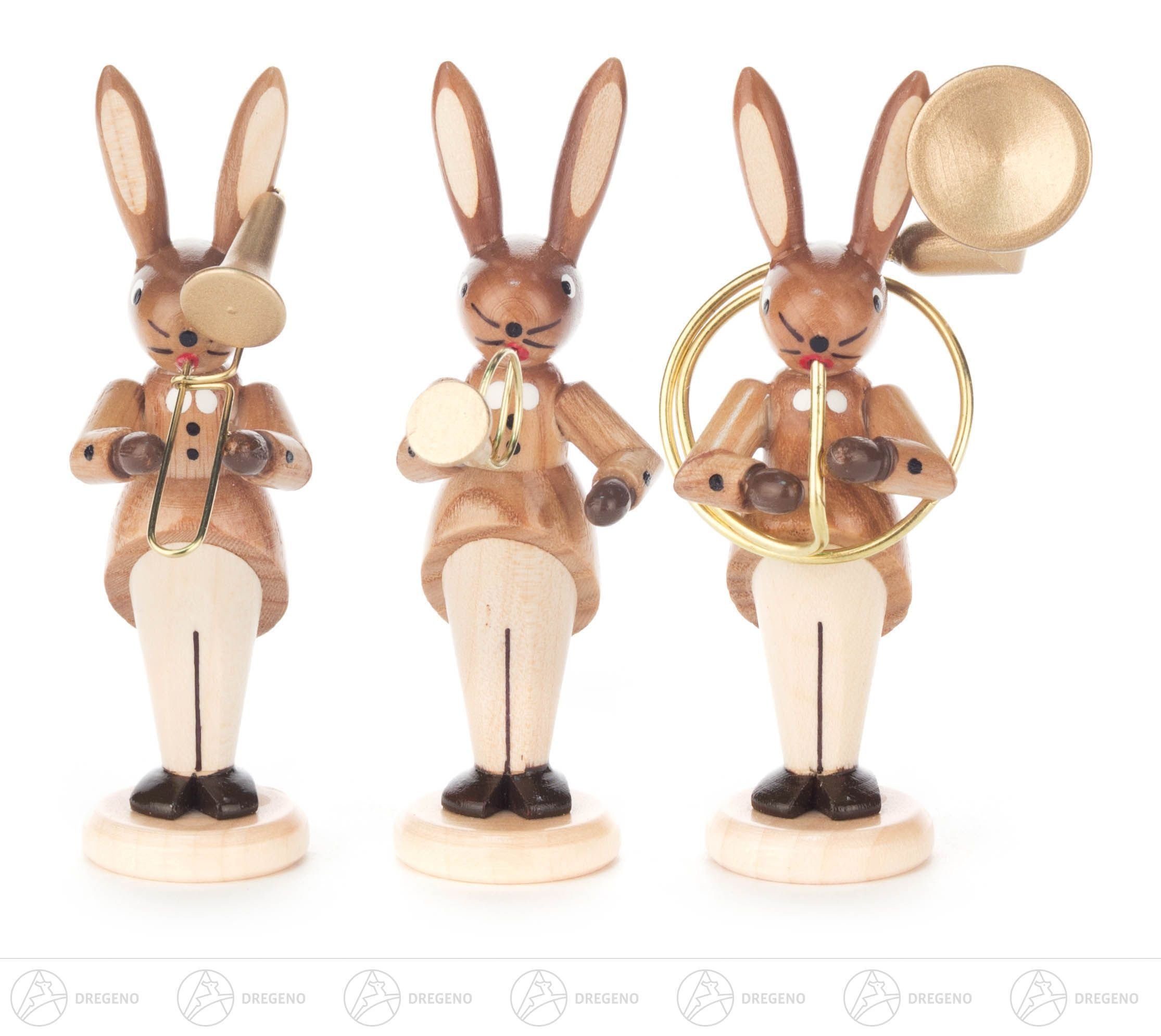 Dregeno Erzgebirge Osterhase Hasentrio mit Zugposaune, Jagdhorn und Sousaphon, natur Höhe = 8cm