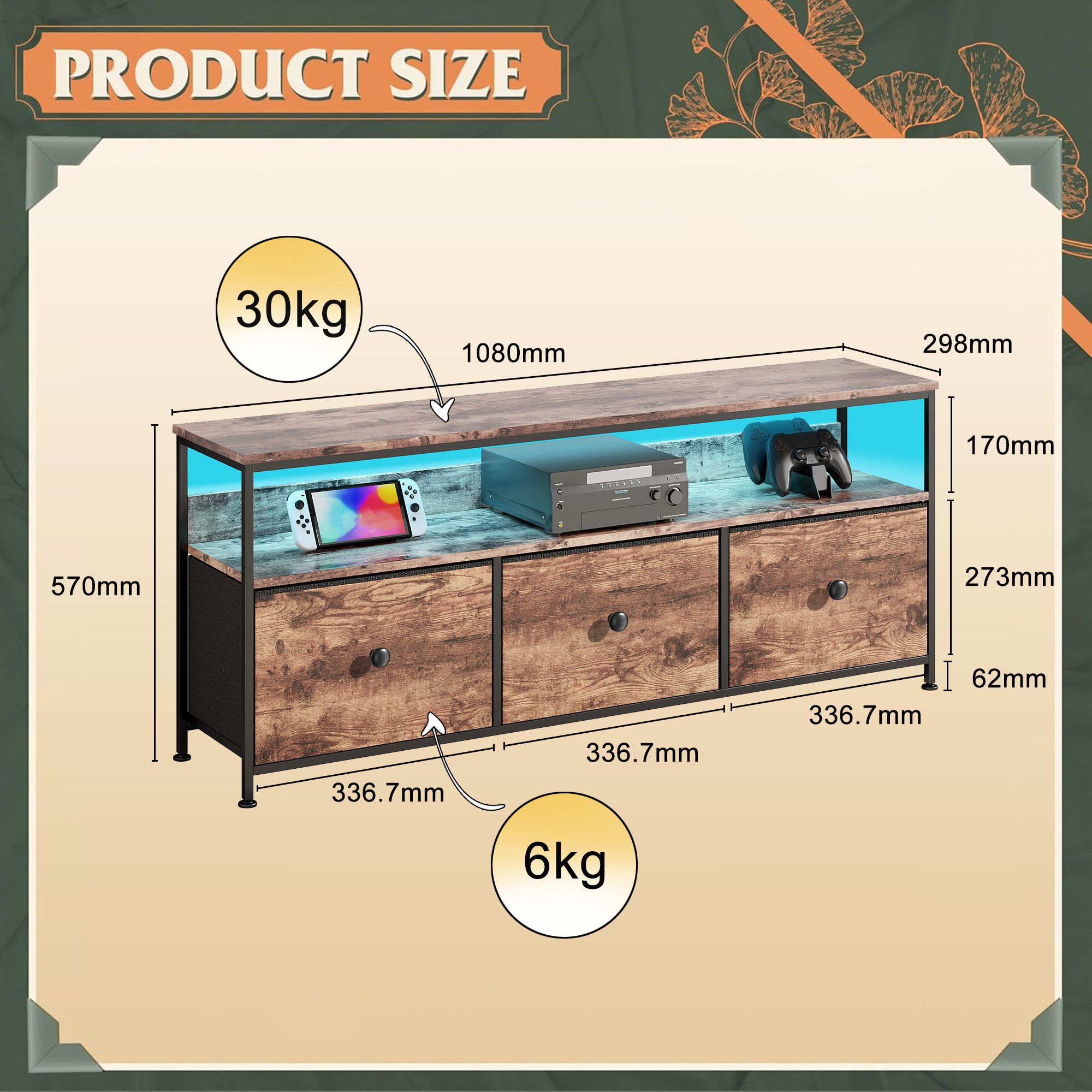 FUROKOY Lowboard TV-Schrank (Fernsehschrank Sideboard-Schrank mit 1 Regal und 3 Stoff Schubladen, TV-Bank für Wohnzimmer Schlafzimmer, 108 x 29.8 x 57cm) – Bild 5 von 5