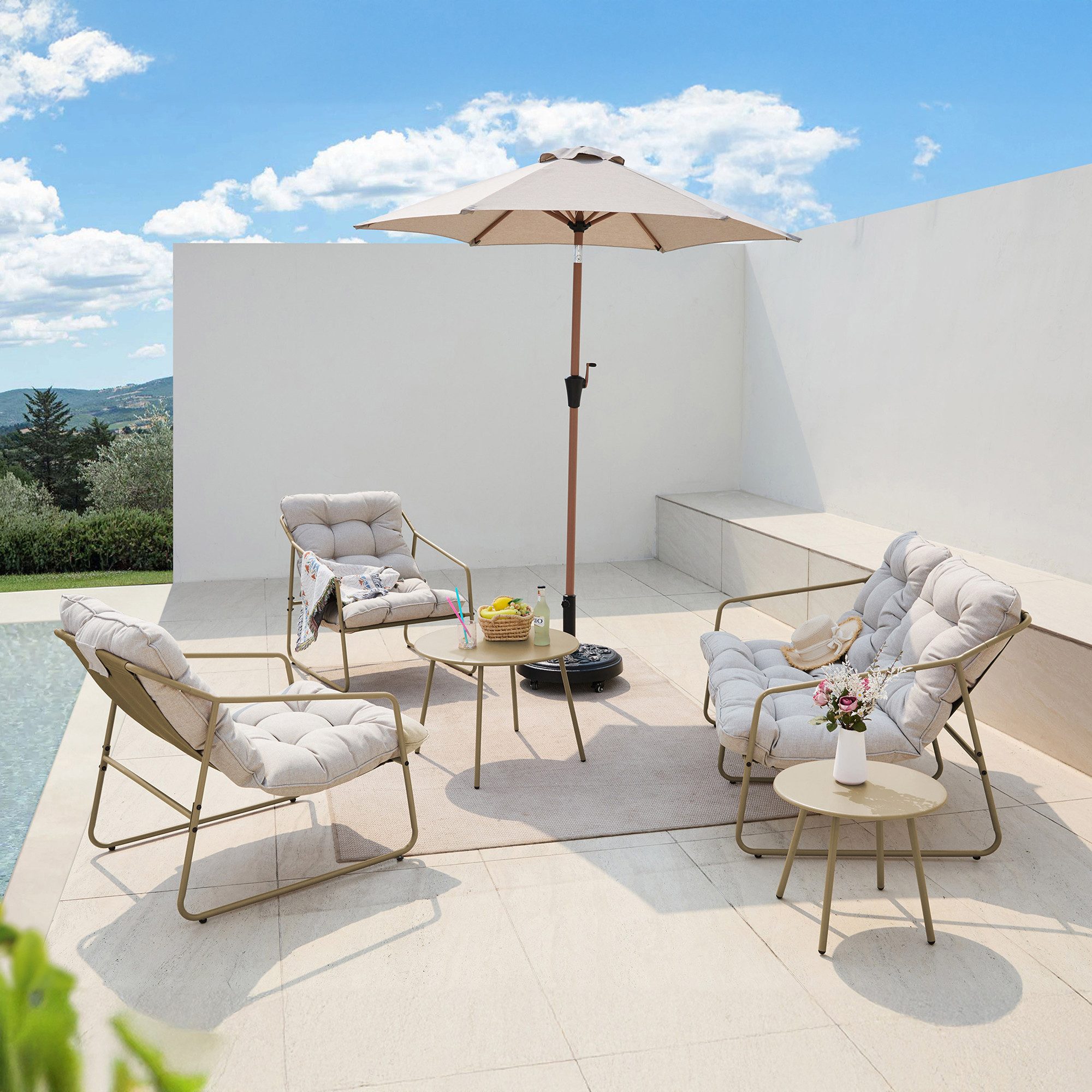 en.casa Sitzgruppe, (5-tlg), »Kivanta« Sitzbank Stühle mit Kissen Tische Stahl Beige