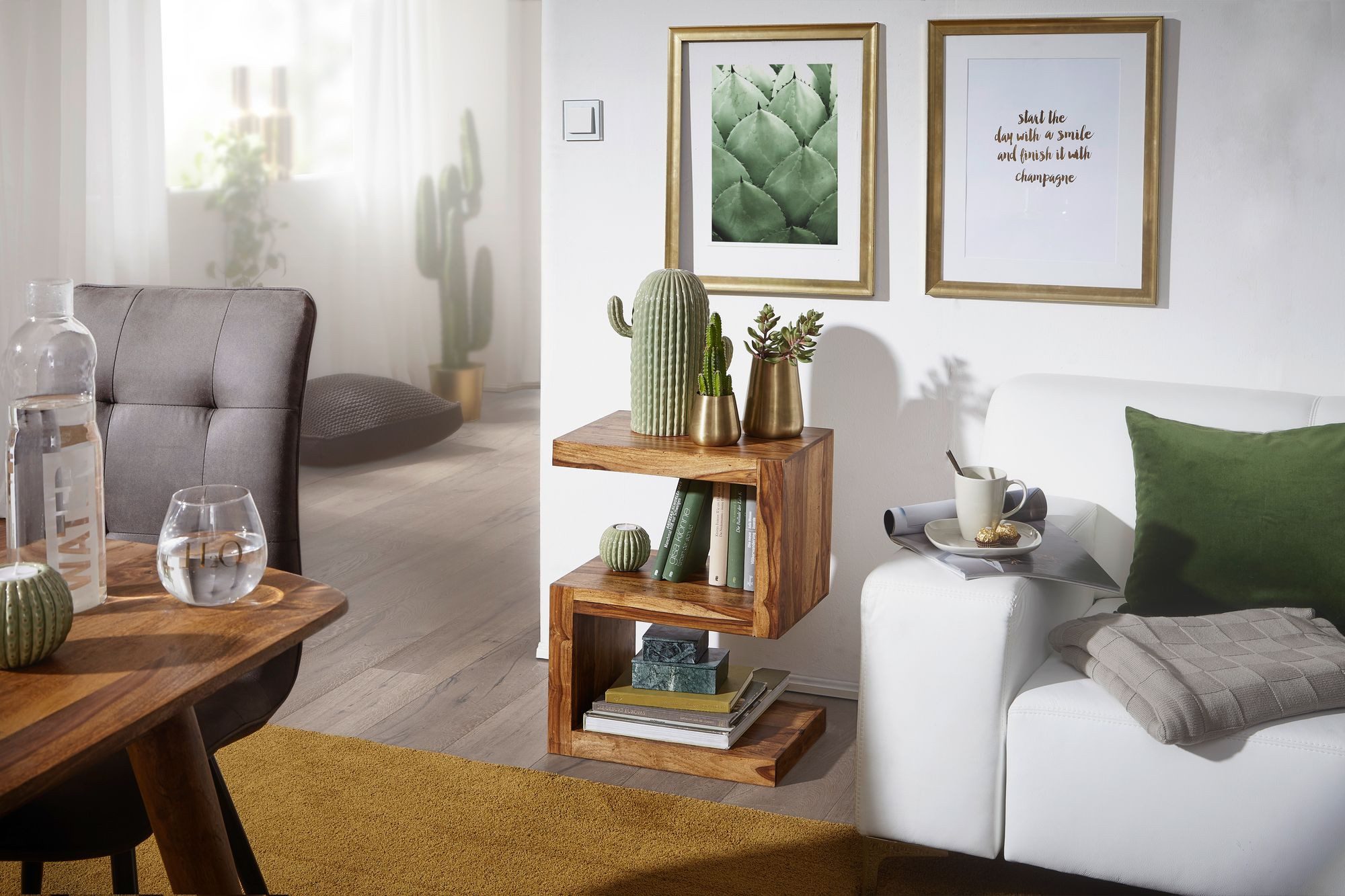 furnicato Beistelltisch S-Form 44x60x30 Massivholz, Walnuss Finish (1-St), Handgefertigter Zeitungsständer mit praktischer Ablagefläche