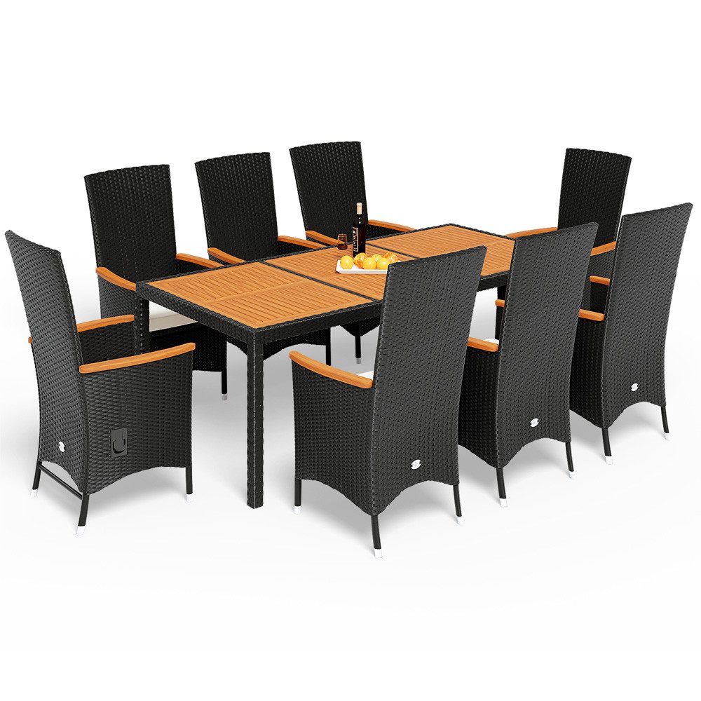 Casaria Garten-Essgruppe, (9-tlg), 8 Personen Polyrattan 2 verstellbare Lehnen & Fußablagen Wetterfest
