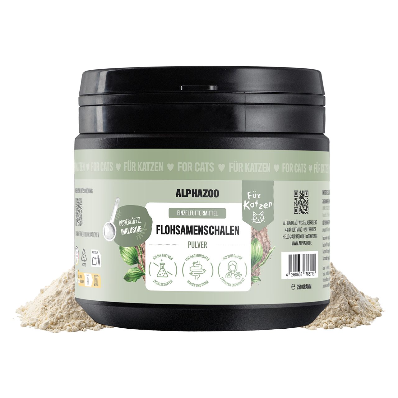 ALPHAZOO Flohsamenschalen gemahlen 250g für Katzen, Indisches Psyllium Pulver für die sensible Verdauung, Ergänzungsfutter