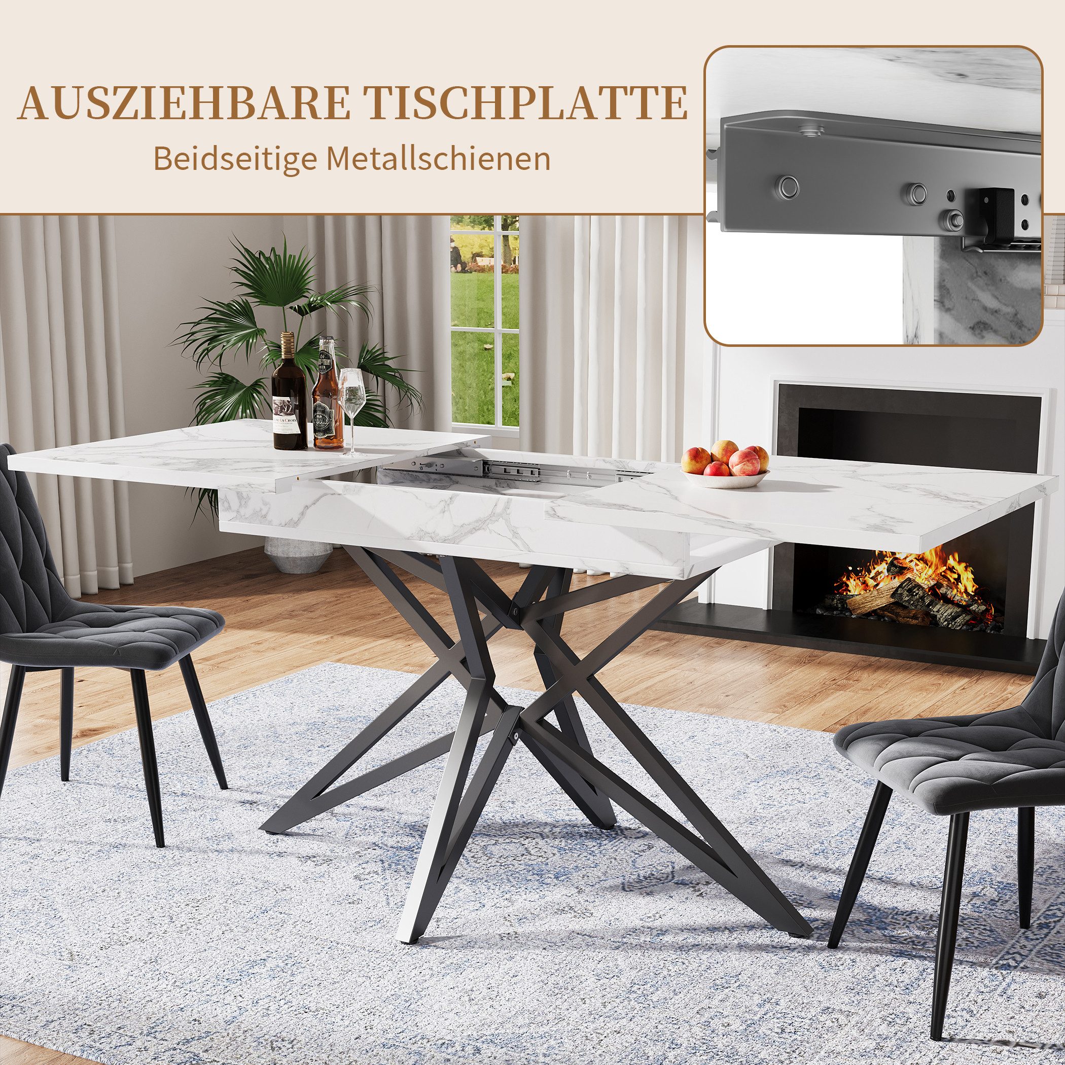 SeedWave Esstisch Küchentisch Ausziehtisch, Eisenfüßen mit Verstellbaren Stützschrauben, Esszimmertisch mit gemaserter Tischplatte, 1 abnehmbarem Paneel