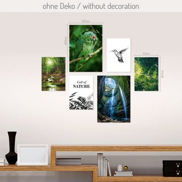 Kreative Feder Poster, Natur, Dschungel, Wald, Bäume, Wasserfall, Papagei, Vogel, Kolibri (Set, 6 St), 6-teiliges Poster-Set, Kunstdruck, Wandbild, Posterwand, Bilderwand, optional mit Rahmen, WP524