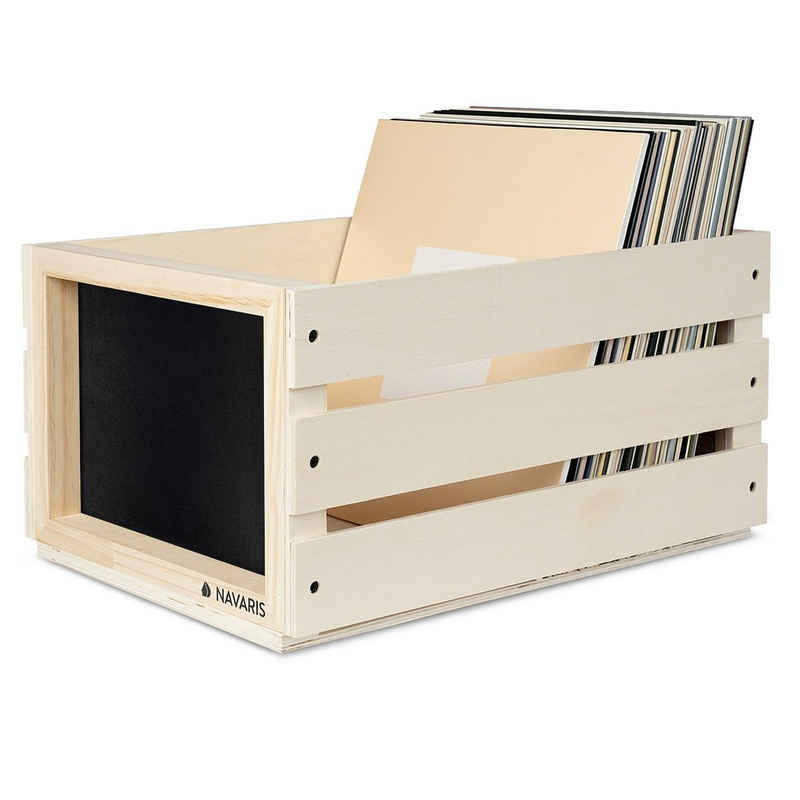 Navaris Holzkiste Holz Schallplatten Kiste Kreidetafel 42,9x34,4x22,9cm bis 80 LP Natur (1 St)
