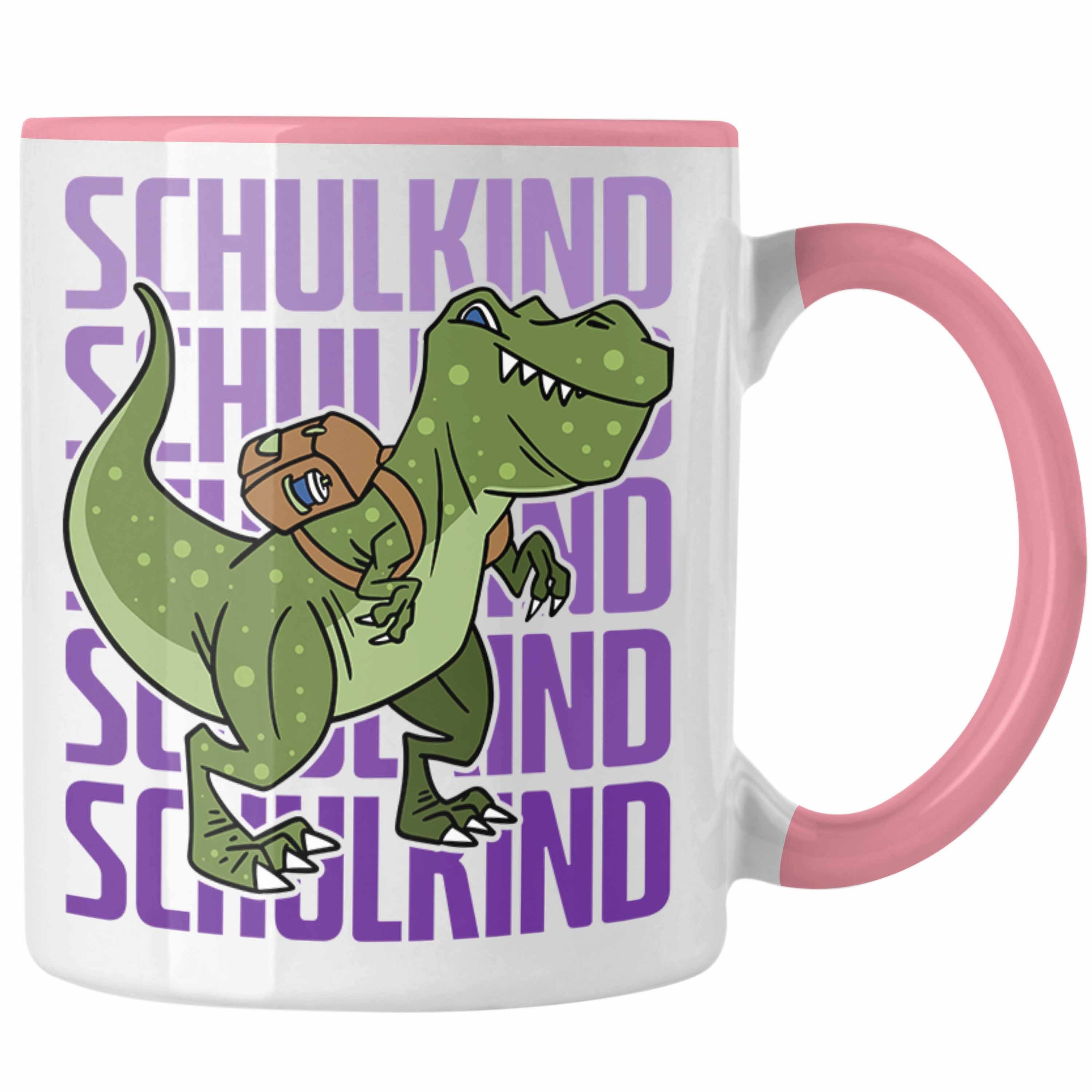 Trendation Tasse Einschulung Tasse Geschenk Jungs Erster Schultag: Lustige T-Rex Dino T Rosa