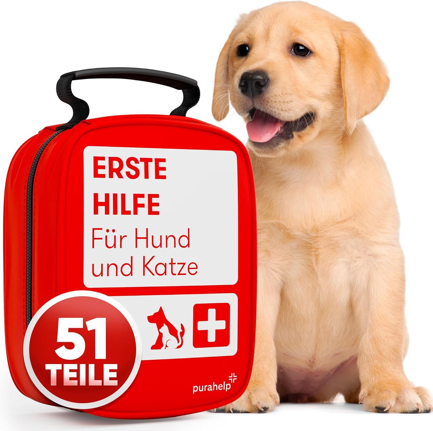 Purahelp Erste-Hilfe-Set Hund und Katze - Inkl. Zeckenzange, Pinzette, Tourniquet etc., (51 St), Hunde Erste Hilfe Set Erste Hilfe Hund Hundeapotheke