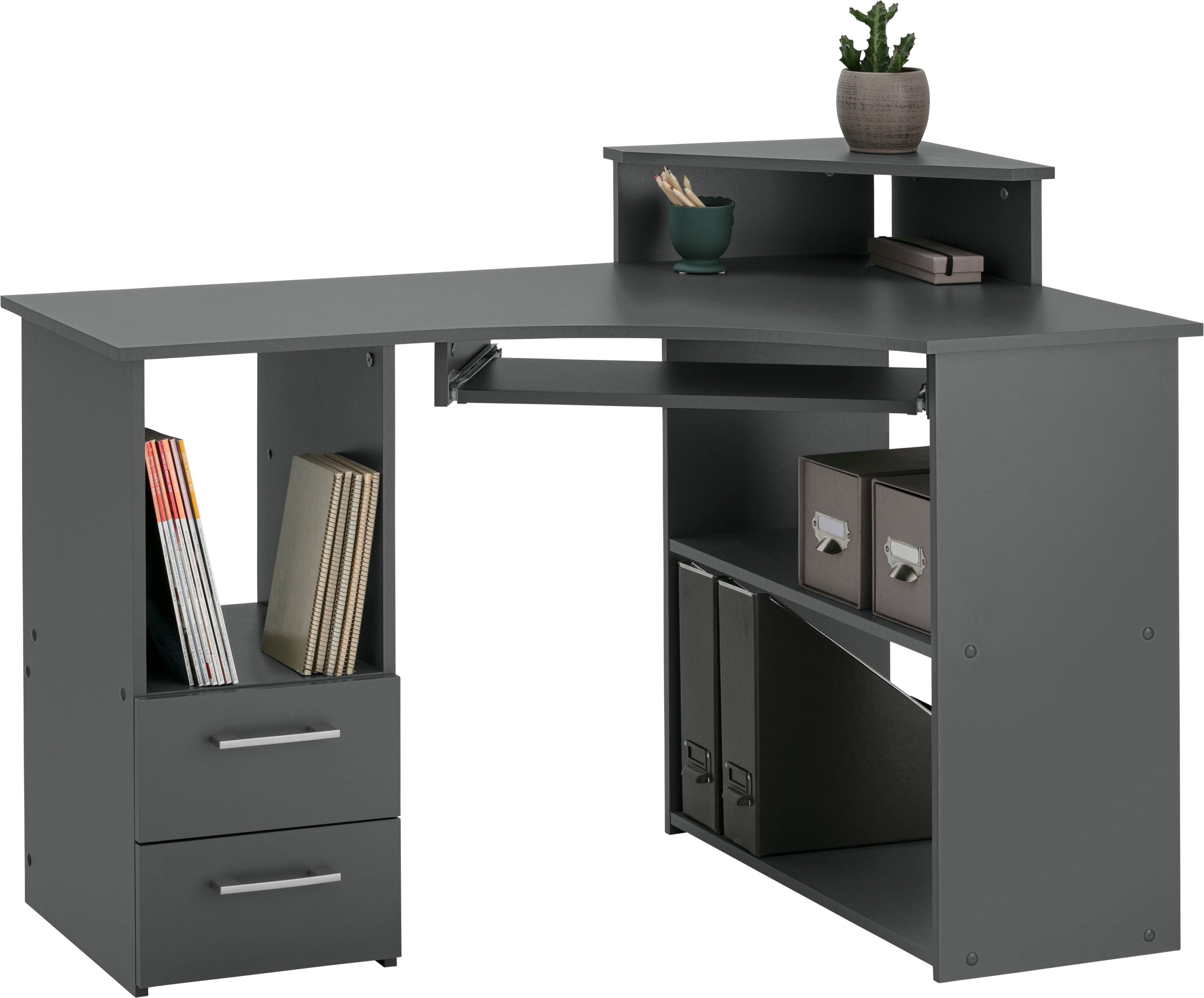 VOGL Möbelfabrik Schreibtisch Sam, Eckschreibtisch, Tastaturauszug, Monitoraufsatz & opt. Towerfach