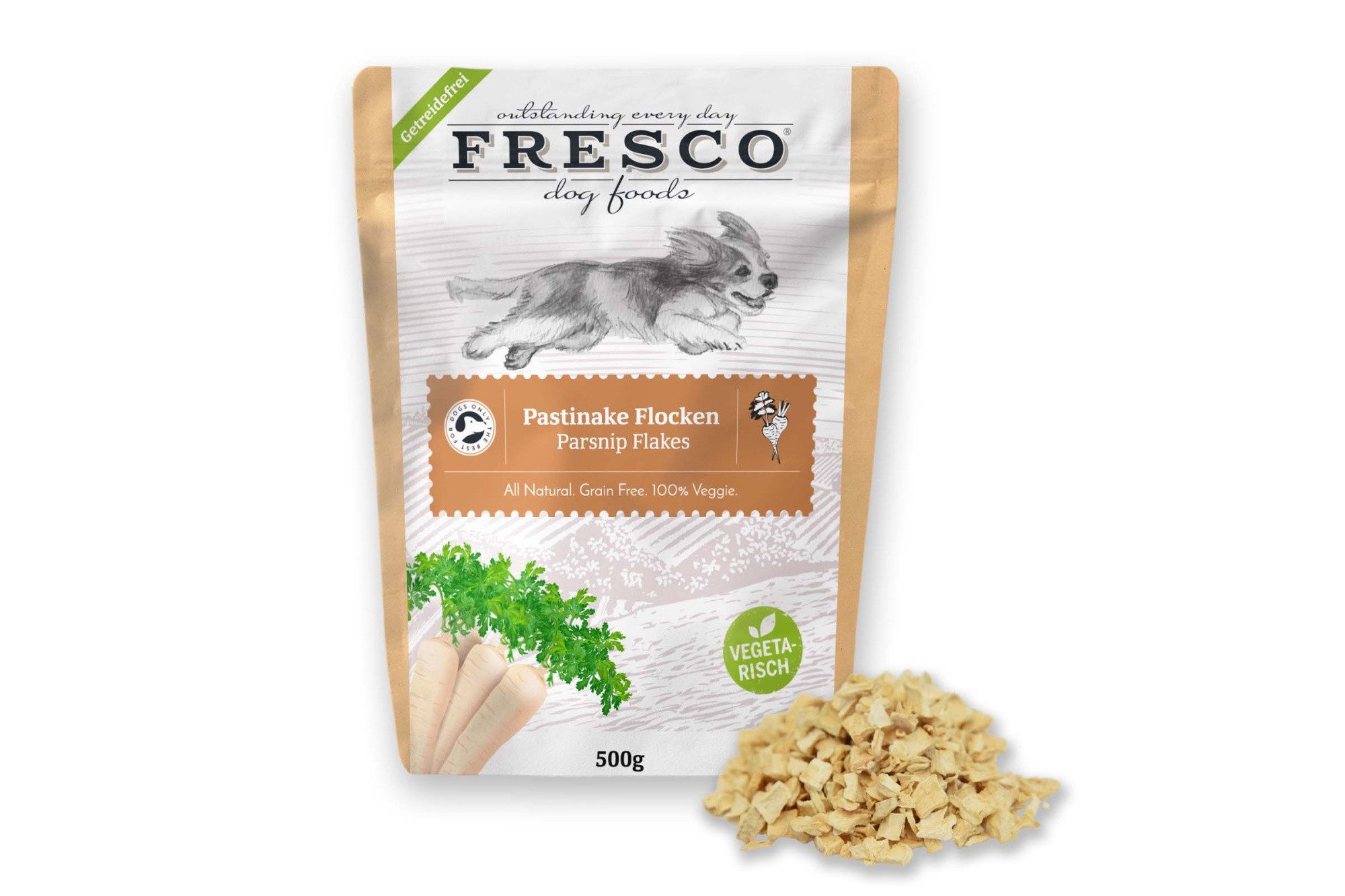 Fresco Dog Pastinake Gemüseflocken für Hunde 500g, Futtertopping für Hundefutter, BARF für: Hunde, Folsäure, Kalium & Vitamin C, Barf Zusatz für große & kleine Hunde