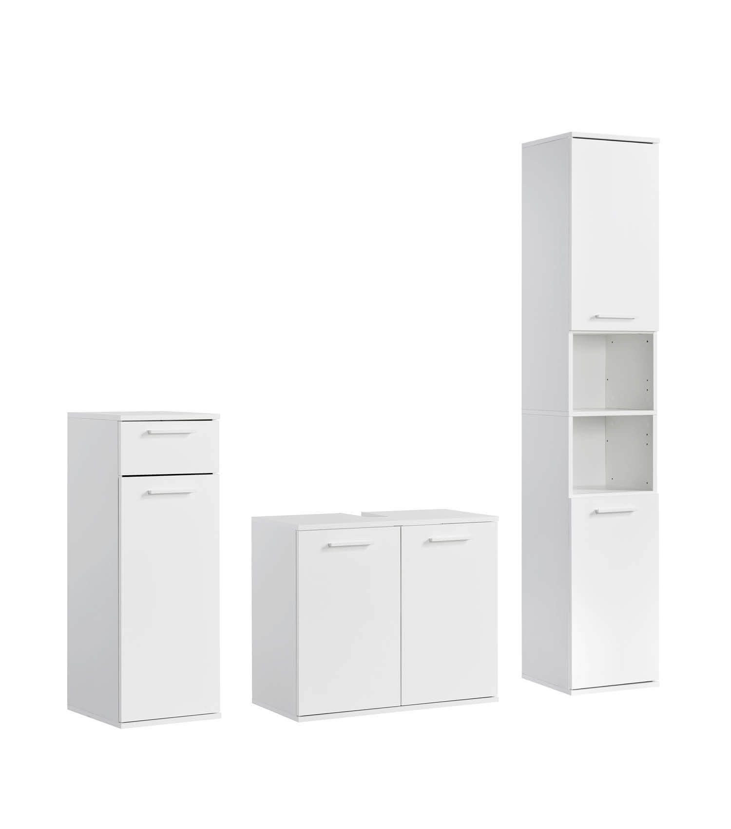 mokebo Badmöbel-Set Der Steuermann Waschbeckenunterschrank Badezimmerschrank Badschrank, (3-teilig), Made in Germany, Badezimmermöbel, Badezimmer Bad Organizer Weiß Holz