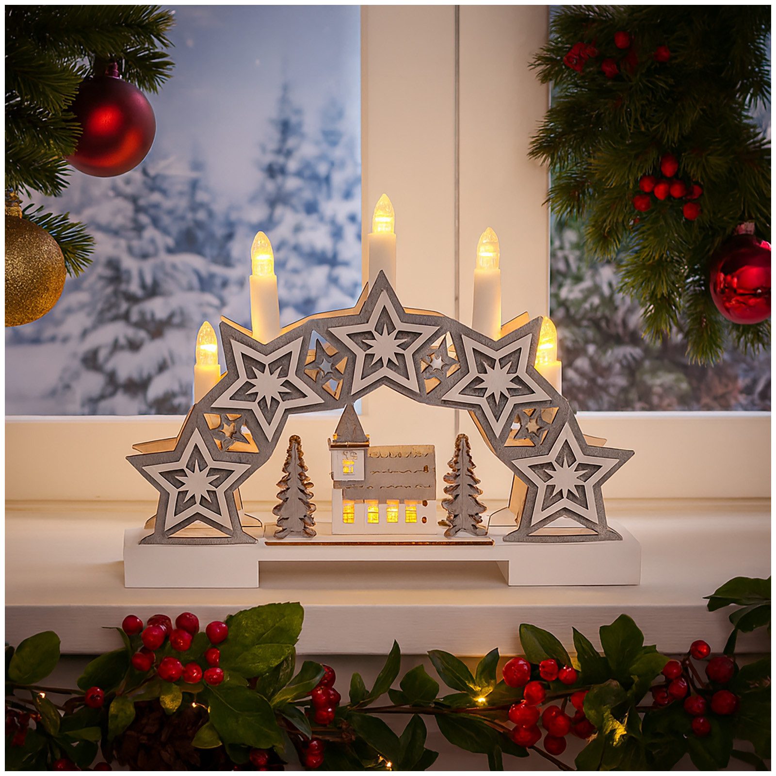 HTI-Living Schwibbogen Leuchtbogen Sterne und Kirche (1-tlg), Schwibbogen batteriebetrieben