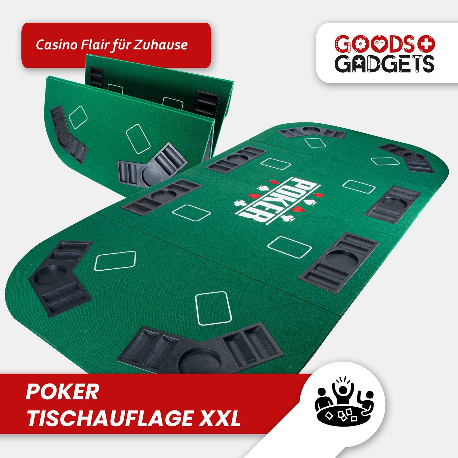 Goods+Gadgets Spiel Faltbare Poker Tischauflage 160x80 cm mit Chiptray & Getränkehalter, Poker-Tisch-Auflage, Casinotisch