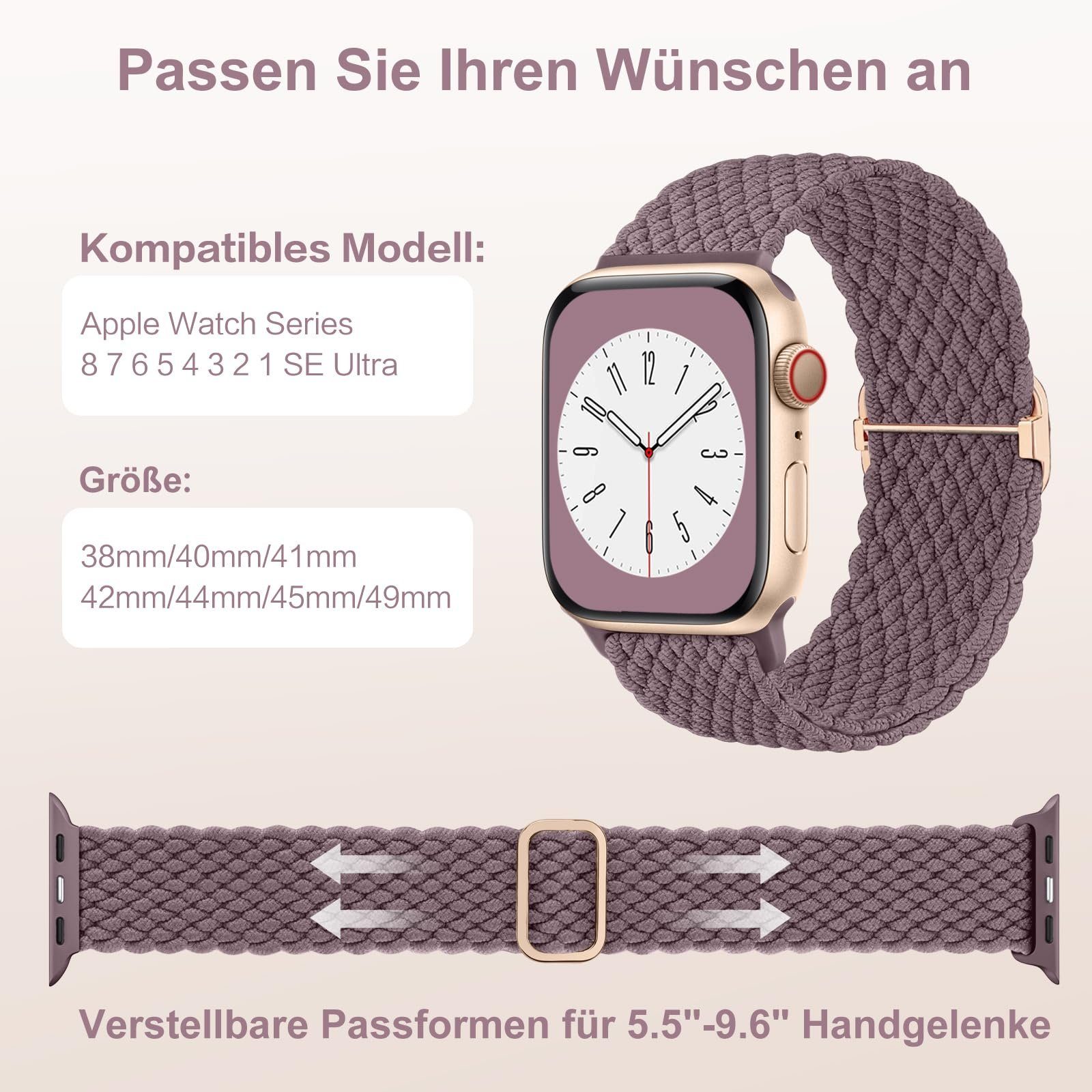 Apple für Mutoy 40mm Lila iWatch 8/7/6/5/4/3/2/1/Ultra/SE Smartwatch-Armband Geflochtenes Damen Uhrenarmbänder Herren, Armband für 38mm Kompatibel Watch mit 41mm