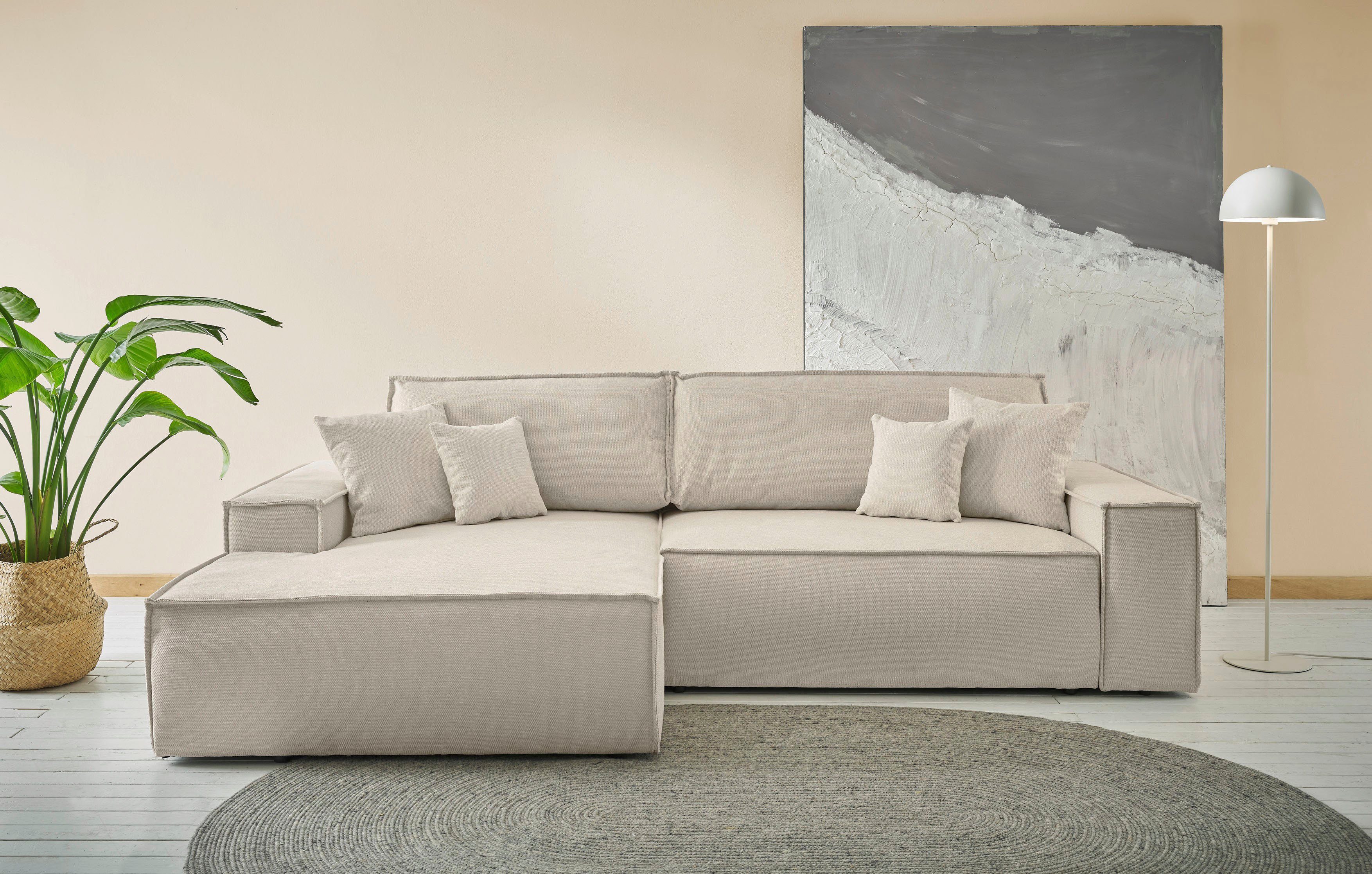 andas Ecksofa Finnley Schlafsofa 267 cm in Bouclé, Struktur fein u. Cord, L-Form, Schlaffunktion m. Bettkasten (136/210 cm), Bouclé, Struktur und Cord