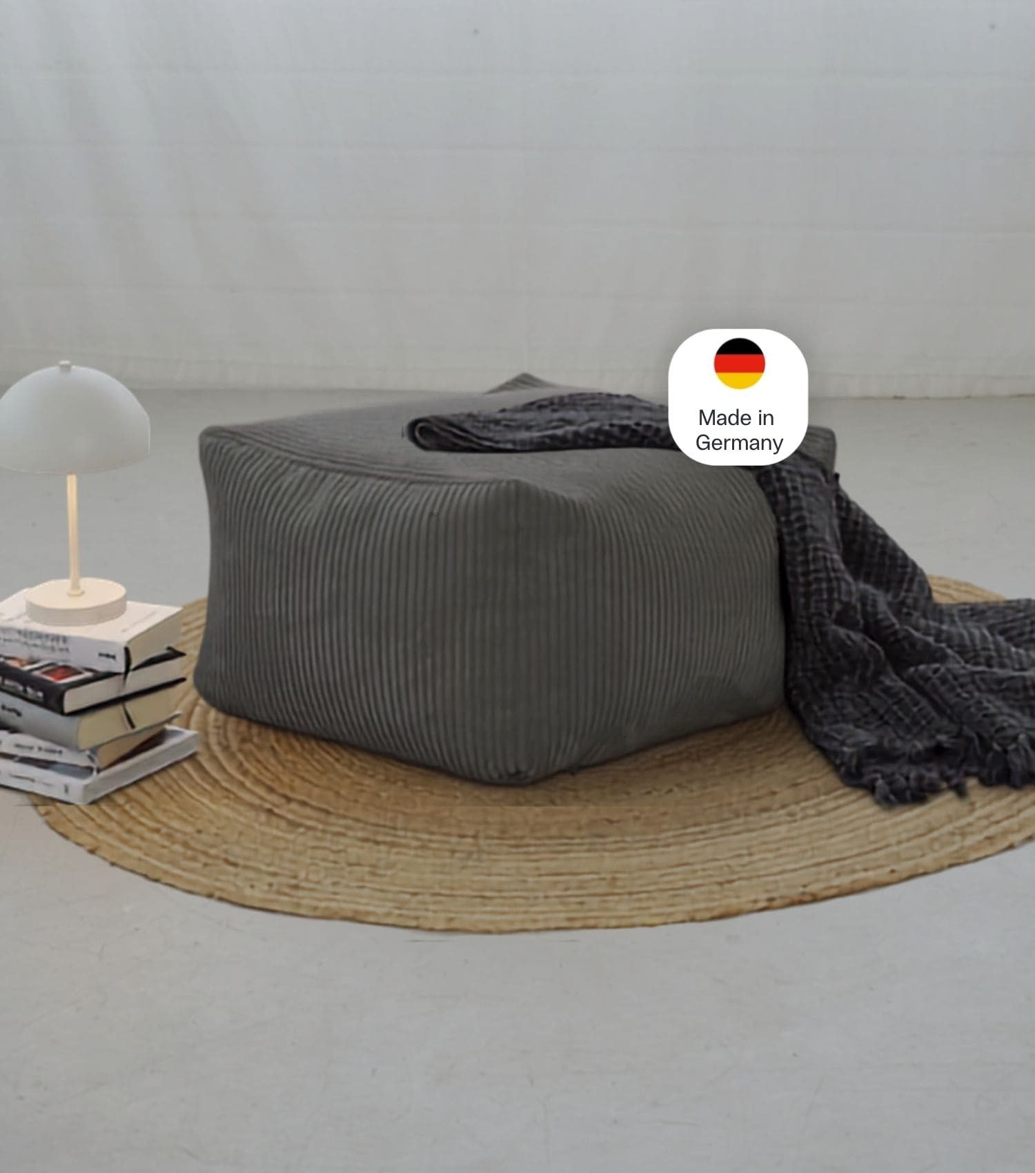 mokebo Pouf Cord Pouf 'Block' Hocker (aus Cordstoff), Made in Germany, Sitz-Hocker, Bodenkissen, Fußhocker eckig Anthrazit