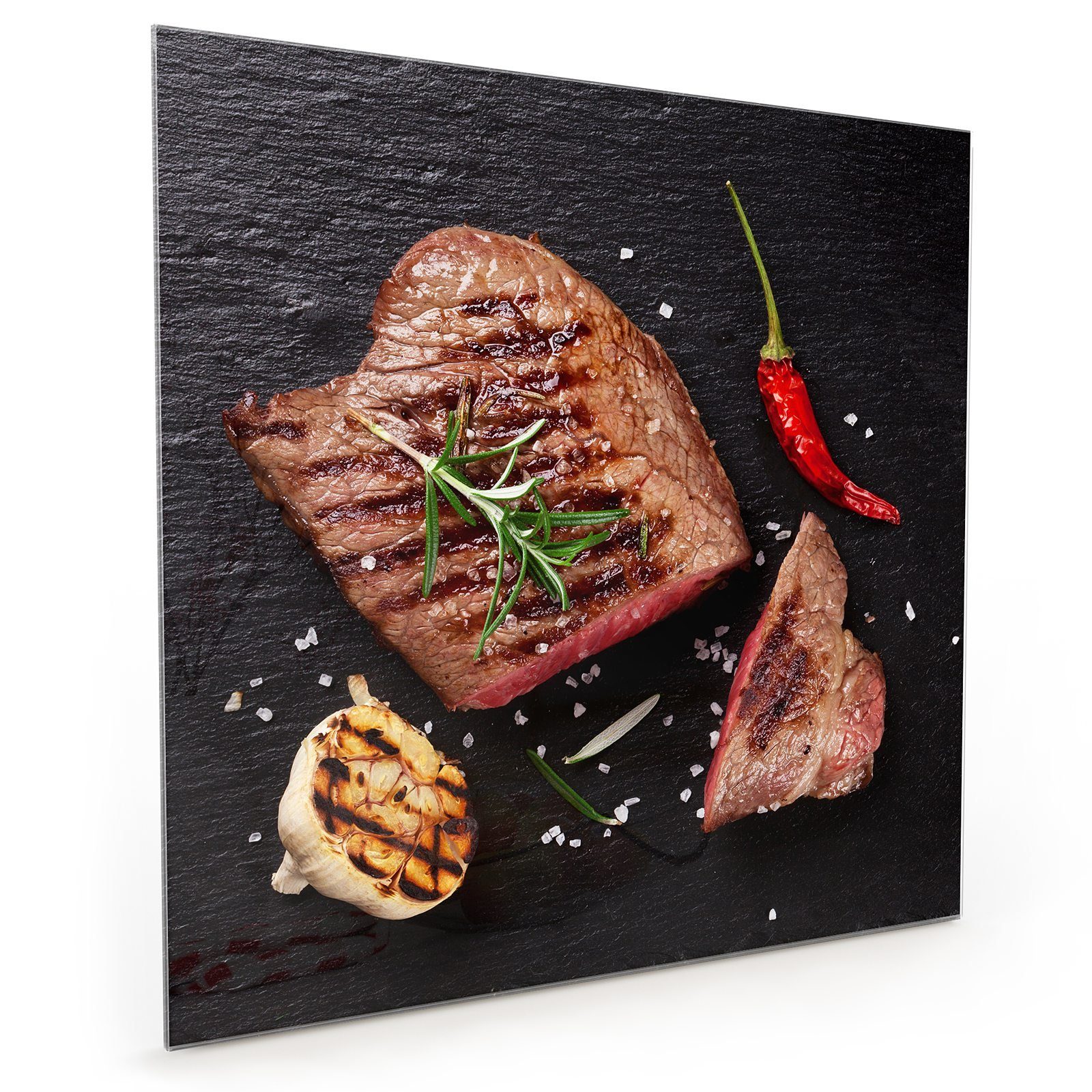 Primedeco Küchenrückwand Küchenrückwand Spritzschutz Glas mit Motiv Steak und Chilli