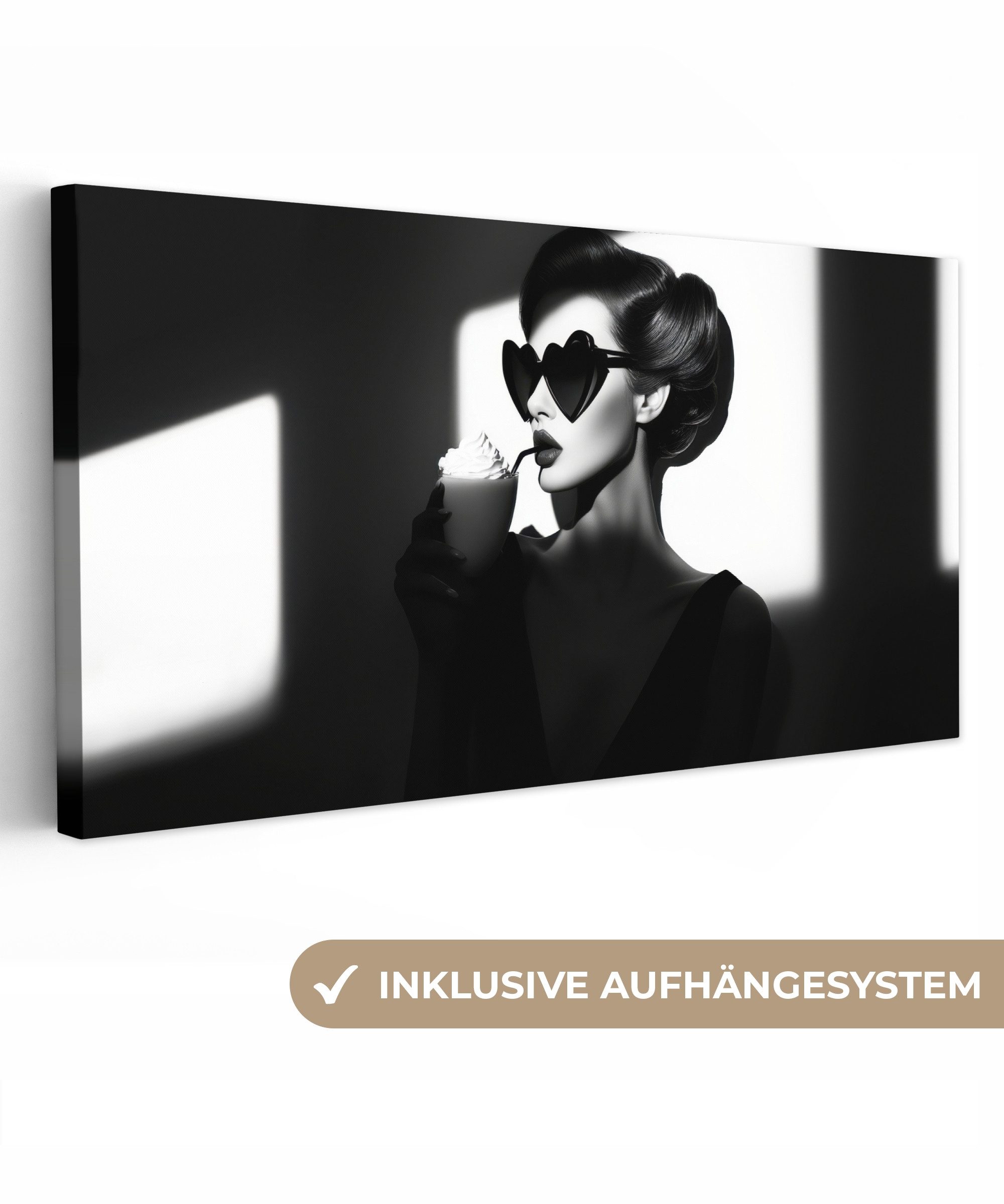 OneMillionCanvasses® Leinwandbild Panorama Frau - Schwarz - Herz, Fotodruck (1 St), Wandbild, Deko Schlafzimmer Wohnzimmer Flur 40x20 cm