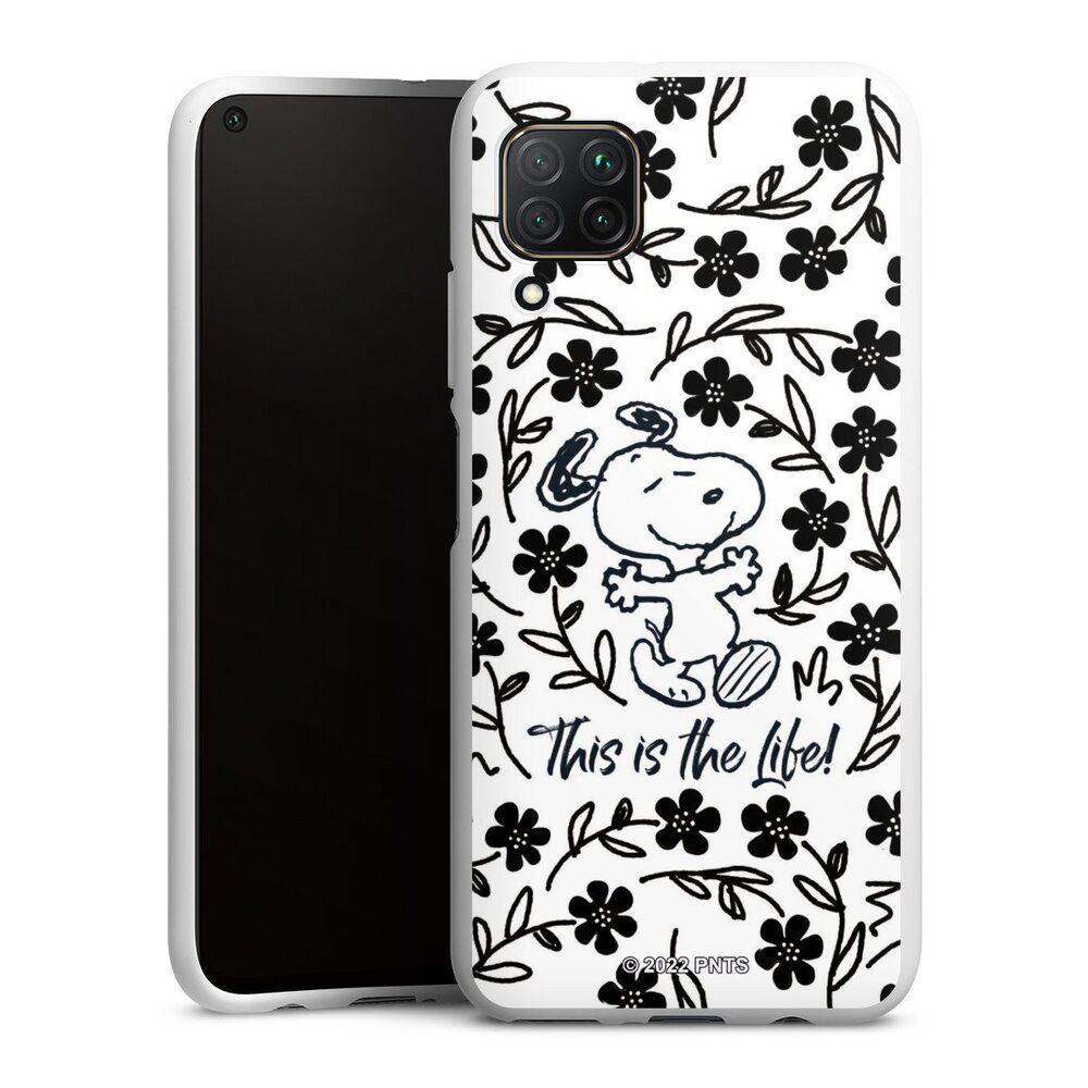 DeinDesign Handyhülle Peanuts Blumen Snoopy Snoopy Black and White This Is The Life, Huawei P40 Lite Silikon Hülle Bumper Case Handy Schutzhülle