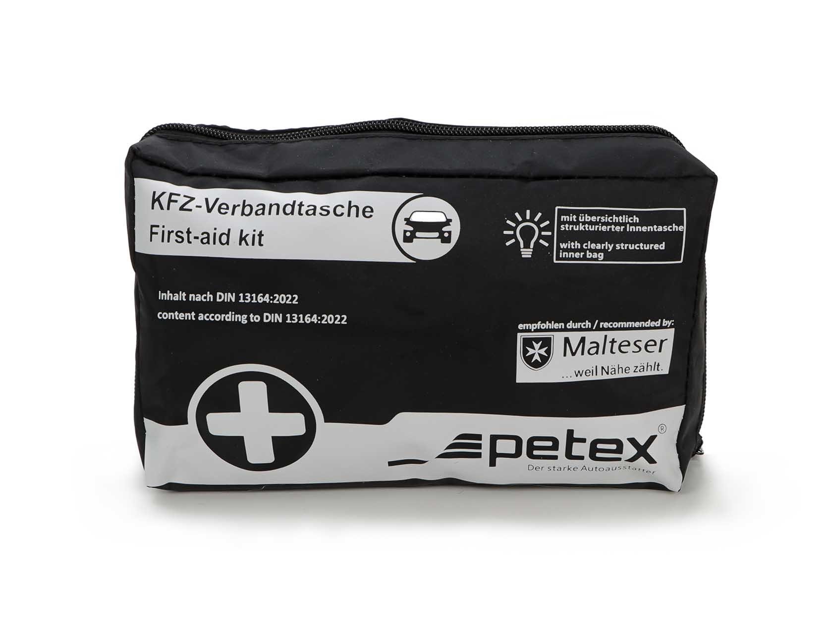 Petex KFZ-Verbandtasche Auto Erste Hilfe Set, (Inhalt nach DIN 13164:2022, inkl. Verbandmaterial), Verbandskasten mit 42 Teilen