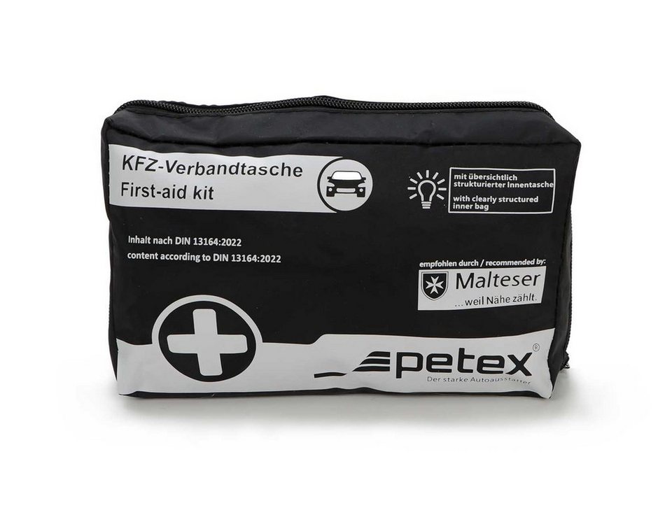 Petex KFZ-Verbandtasche Auto Erste Hilfe Set, (Inhalt nach DIN 13164:2022,  inkl. Verbandmaterial), Verbandskasten mit 42 Teilen