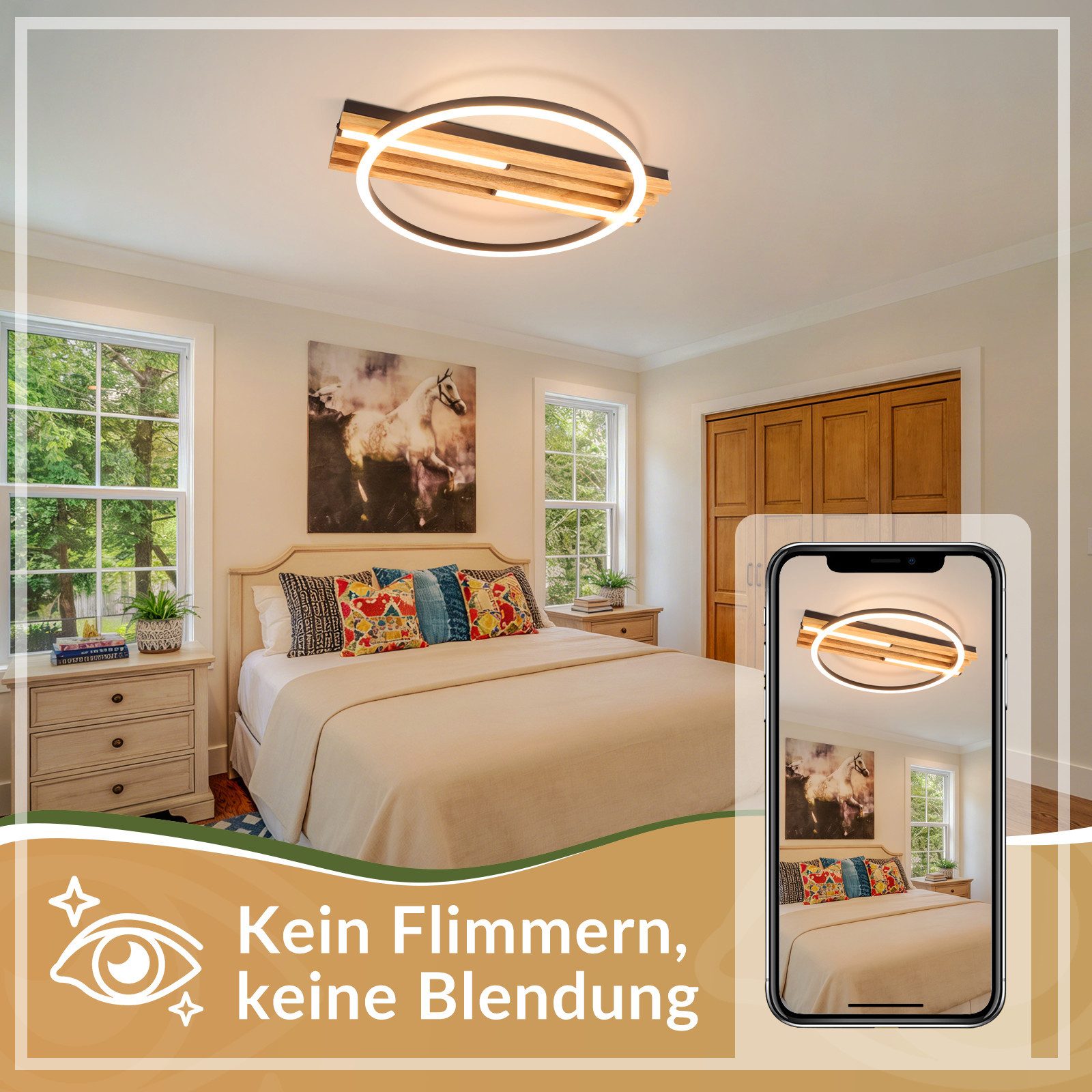 Nettlife LED Deckenleuchte Dimmbar Holz 2/3/4 Ringe Modern Deckenlampe Wohnzimmer, LED fest integriert, 24W 38*32*6.8CM für Schlafzimmer Büro Küche – Bild 2 von 5