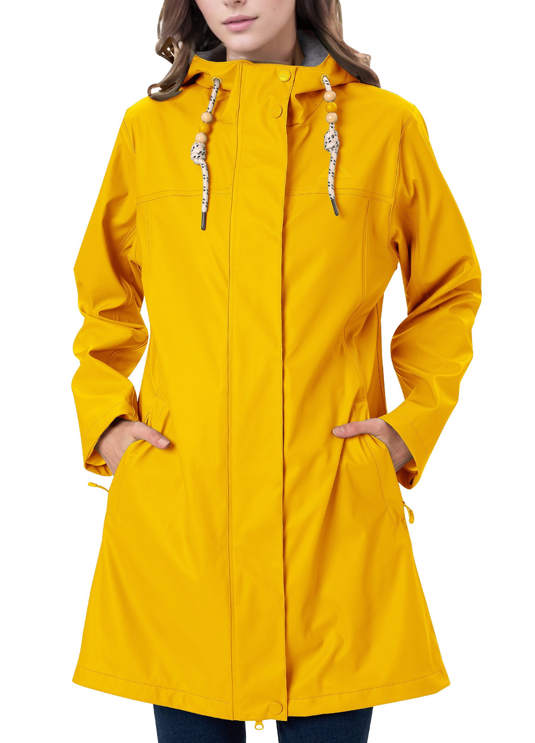 ATLASLAVA Regenmantel Damen Übergangsjacke PU Wasserdicht (1-tlg) Frauen Regenjacke Lang Parka Regenparka mit Kapuze Outdoor