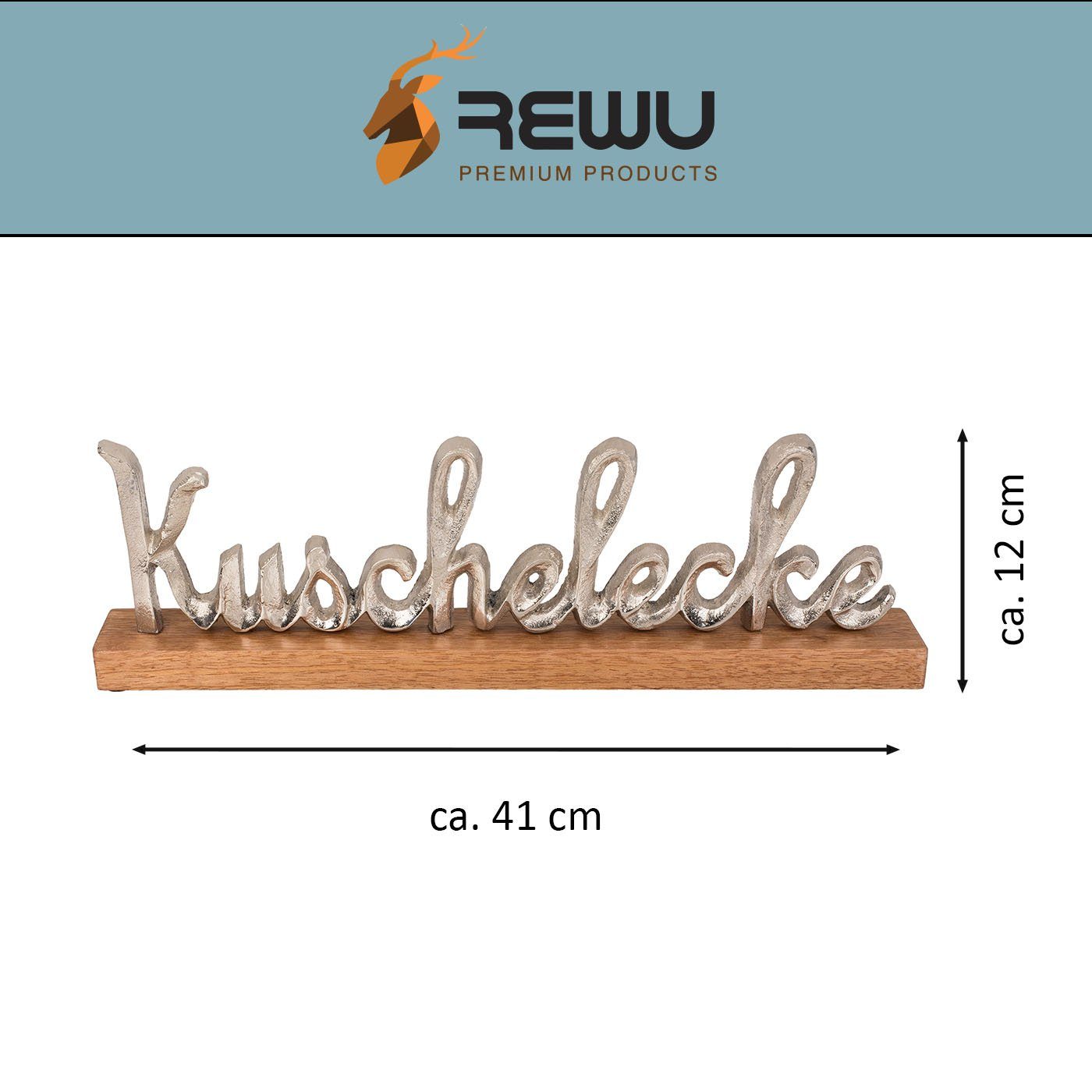 Dekoobjekt Silberfarbener ReWu Metall Standfuss Schriftzug Kuschelecke Holz auf