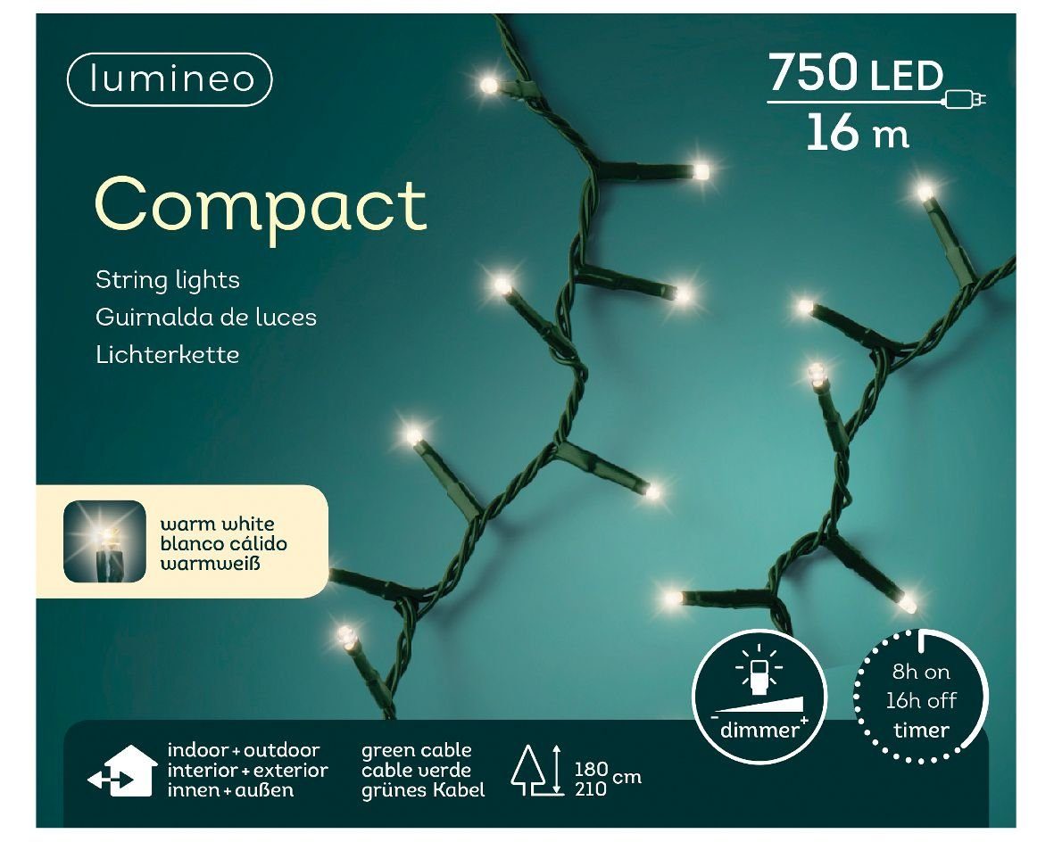 Lumineo LED-Lichterkette Lumineo Lichterkette Compact 750 LED 16 m warm weiß, grünes Kabel, Dimmbar, Timer, Indoor, Outdoor