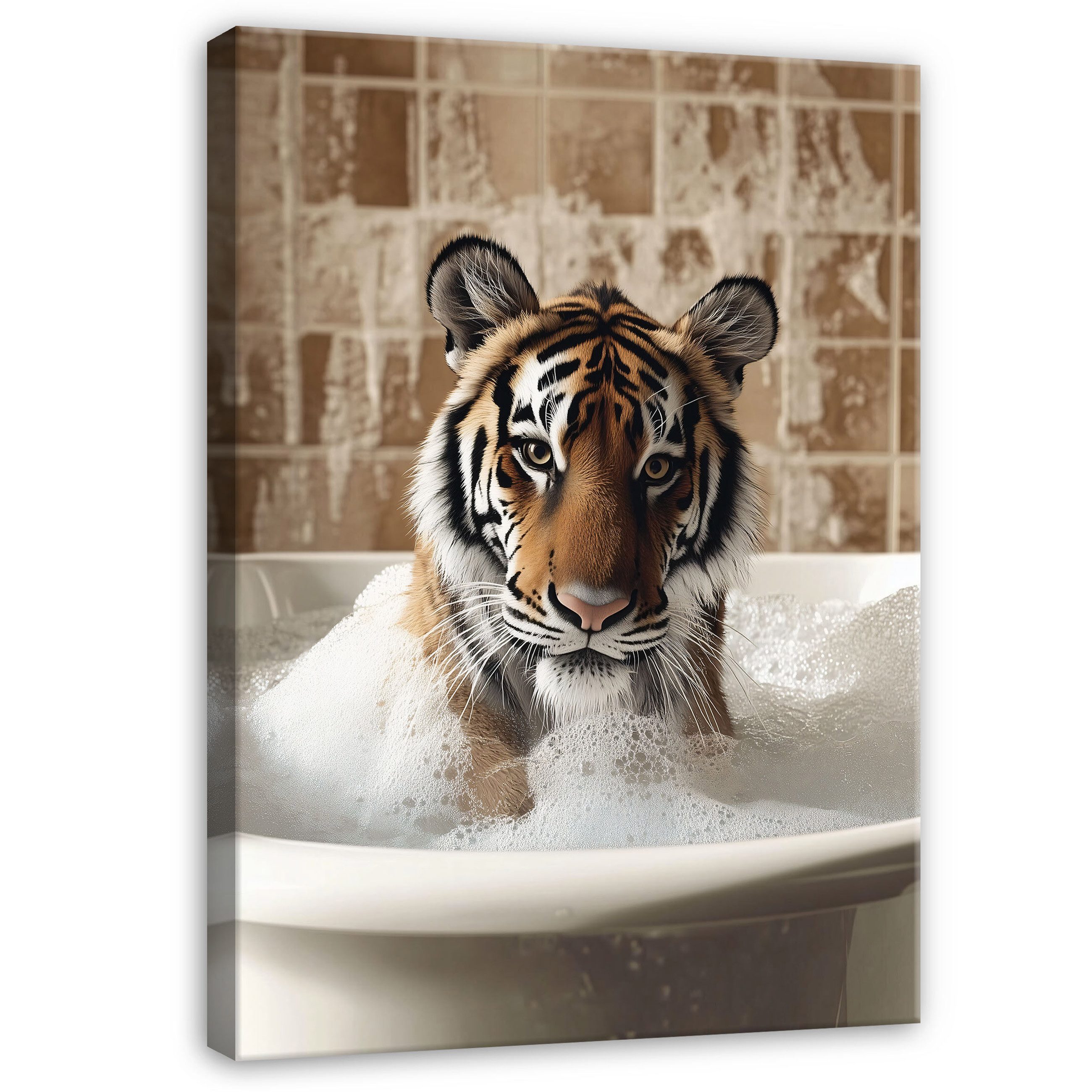 Wallarena Leinwandbild Tiere Tiger Abstrakt Beige Modern Wandbilder Wand Deko XXL Bilder, Abstrakt - Tiger in der Badewanne (groß Bilder Wohnzimmer Schlafzimmer Einteilig, 1 St), Bilder Klein Wohnzimmer Schlafzimmer Küche Wandbild Wand Deko 40x30