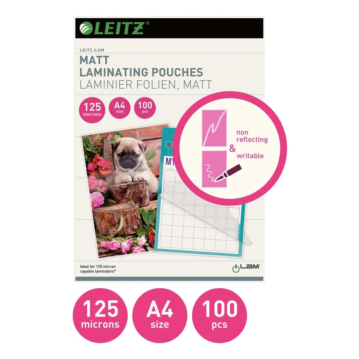LEITZ Laminierfolie iLAM, A4, 125 µm, 100 St., A4, 125 mic, matt, beschriftbar