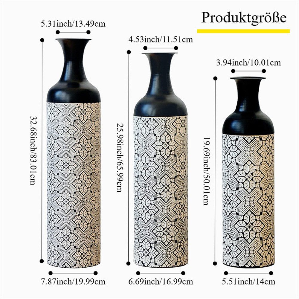 BlingBin Bodenvase Bodenvase Große 3er Set (50/66/83 cm) - Metallvasen mit Rillenmuster (3er Set, 3 St., Groß: 20*20*83CM/Mittel: 17*17*65CM/Klein: 14*14*50CM), Dekorative Vase für Wohnzimmer, Flur und Schlafzimmer, Schwarz+Weiß