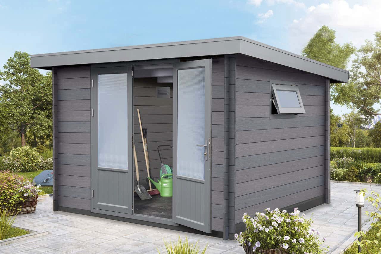 Finnhaus Wolff Gerätehaus Holz WPC Bella 2929 28, BxT: 340x332 cm, in Naturbelassen mit 28mm Wandstärke