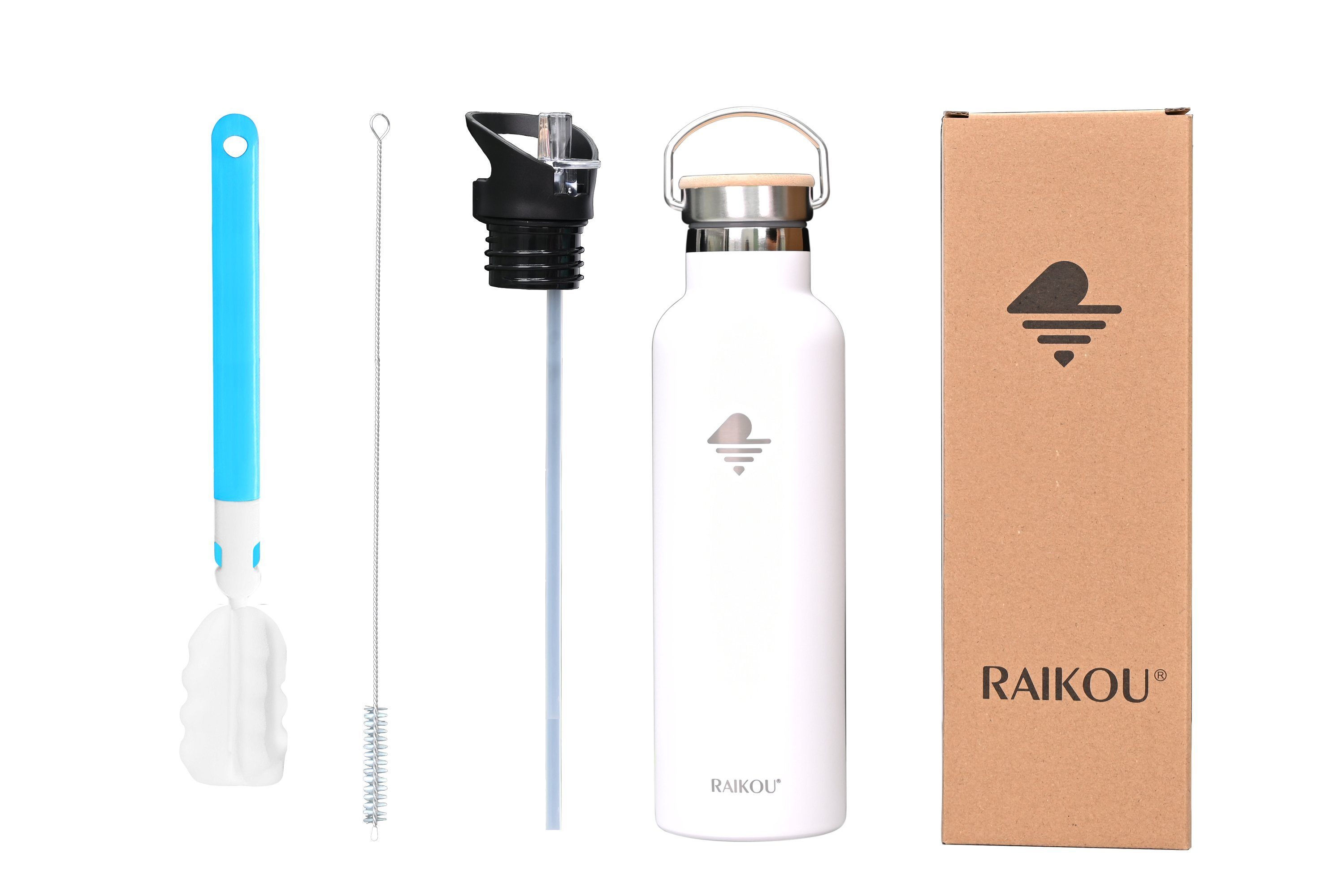 RAIKOU Isolierflasche Deckel,350ml/500ml/750ml/1000ml Weiß Edelstahl zu Wasserflasche Trinkflasche 12H Vakuumisolierte / Thermoflasche, kalt,mit 24H bis 2 heiß