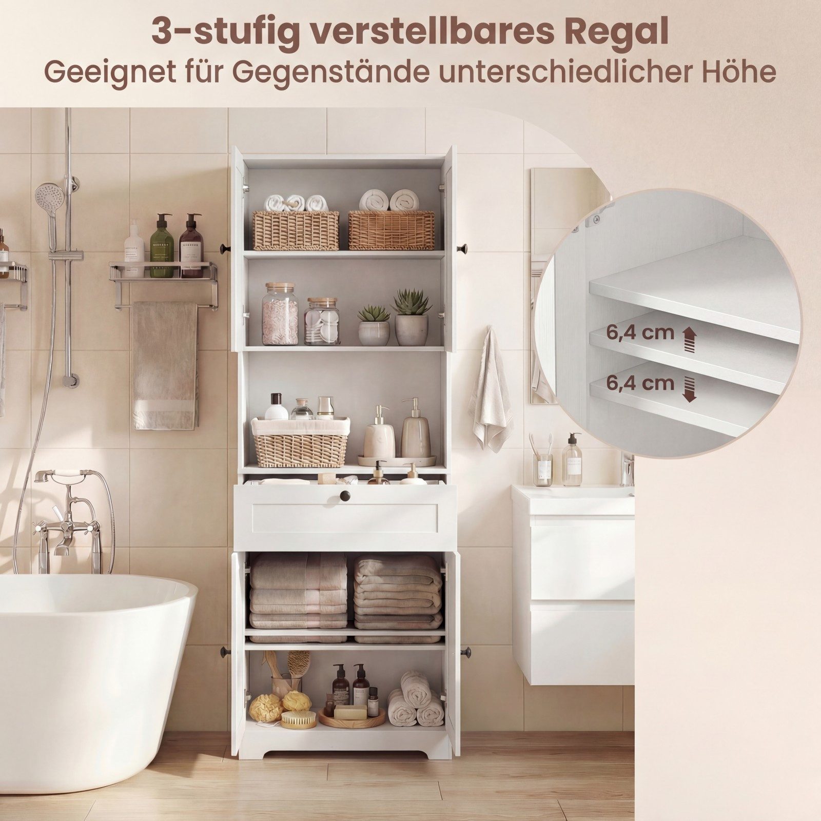 COSTWAY Badkommode, Hochschrank Bad mit 4 Türen Küchenschrank 171,5 cm