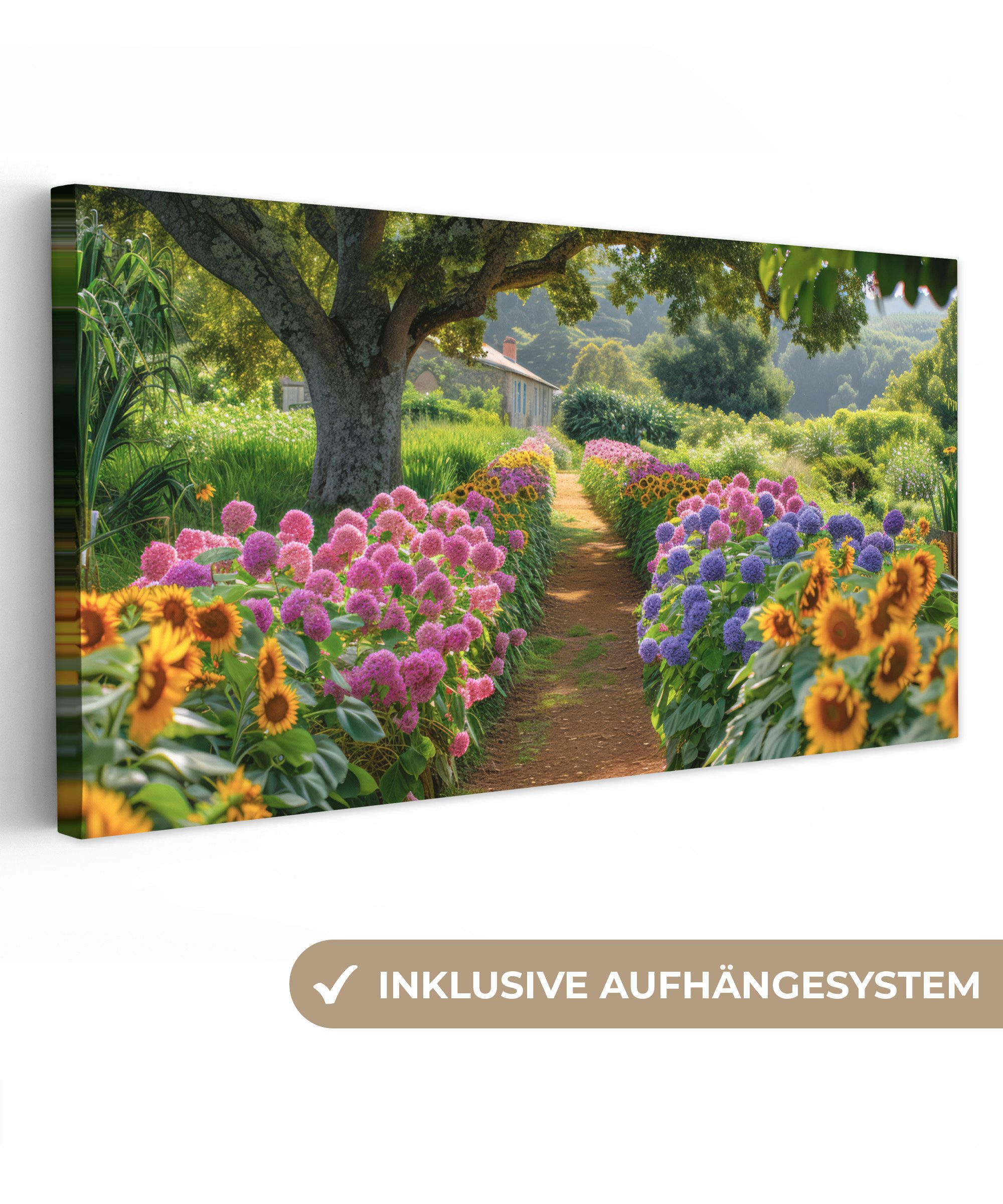 OneMillionCanvasses® Leinwandbild Panorama Blumen - Weg - Sonnenblumen - Garten - Hortensie, Fotodruck (1 St), Wandbild, Deko Schlafzimmer Wohnzimmer Flur 40x20 cm