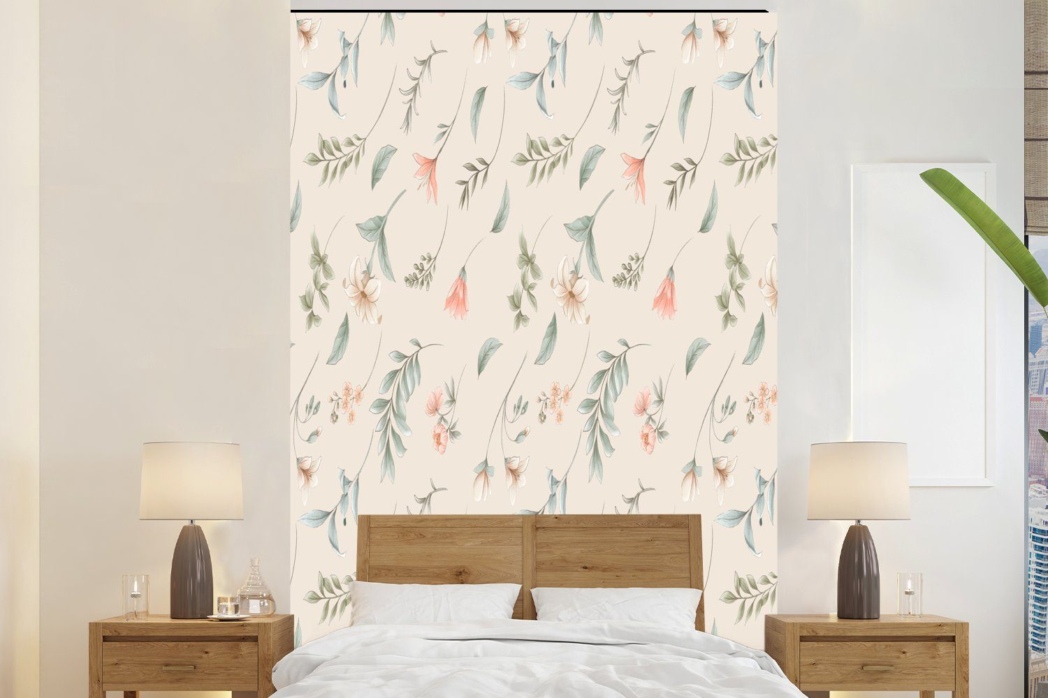 MuchoWow Fototapete Blumen - Pastell - Muster, Matt, bedruckt, (3 St), Montagefertig Vinyl Tapete für Wohnzimmer, Wandtapete