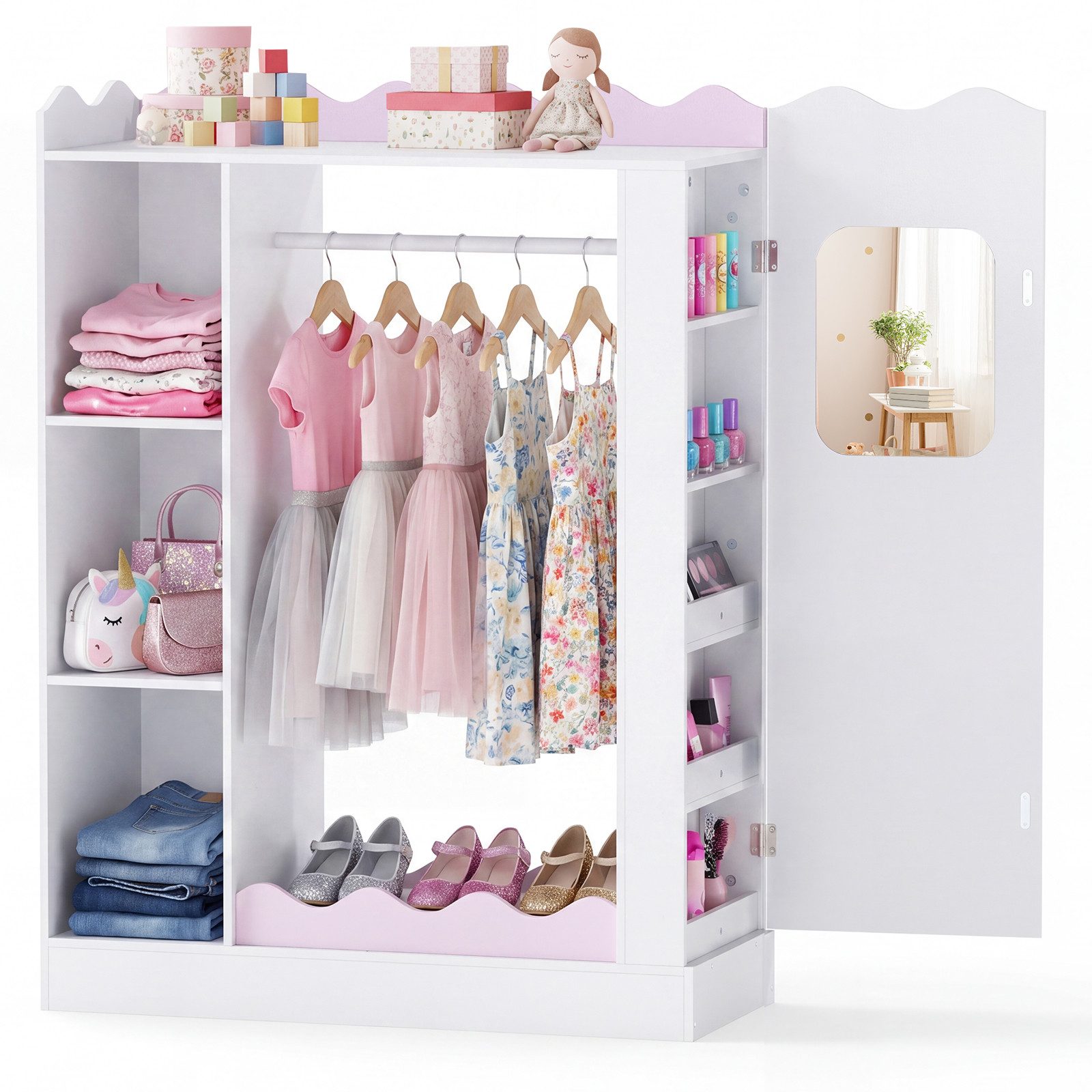 COSTWAY Kinderkleiderschrank mit 2 Spiegeln, offener Kleiderstange, Regalen