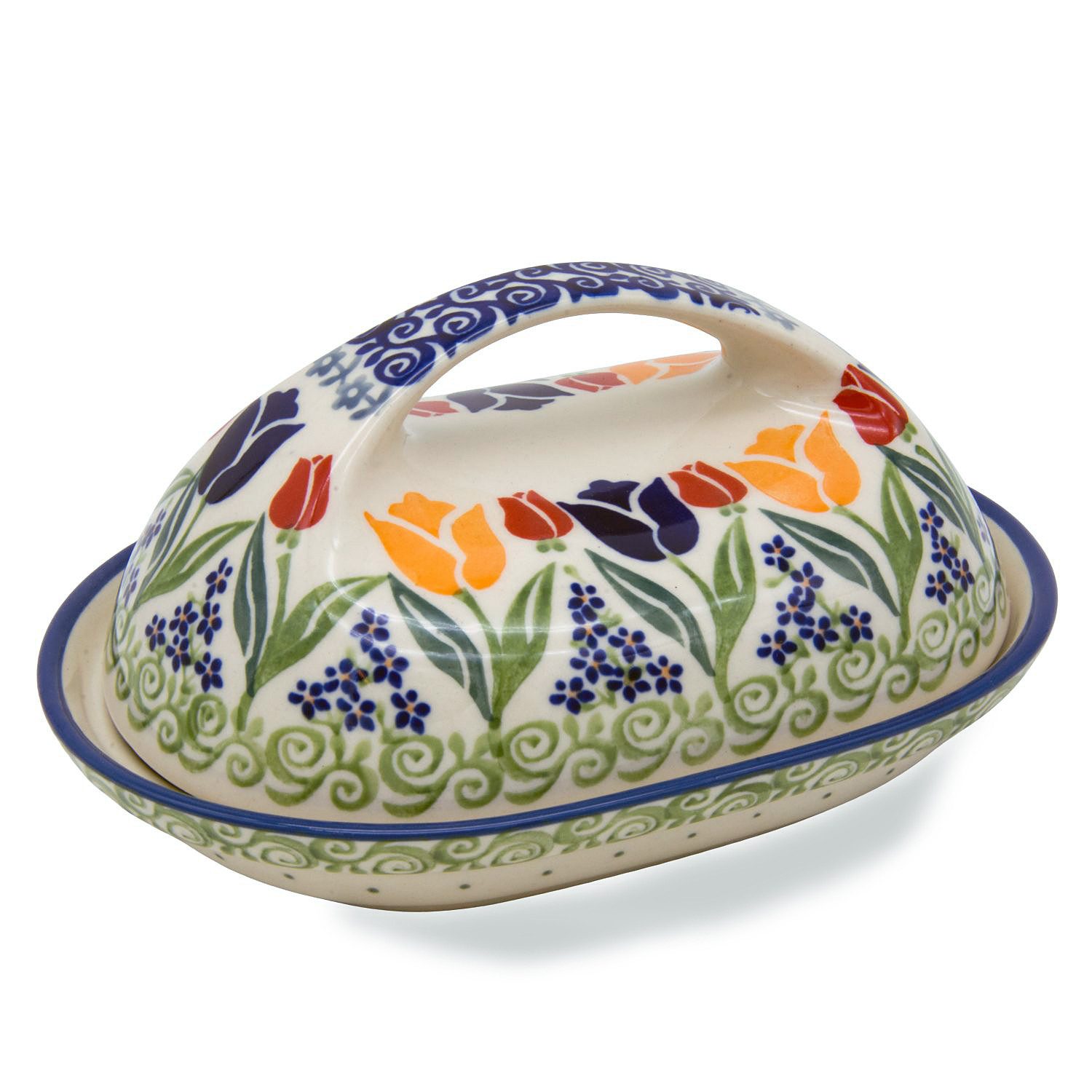Bunzlauer Keramik Manufaktura Butterdose oval mit großem Griff, Unterteil und Deckel oval geformt, großer Griff.