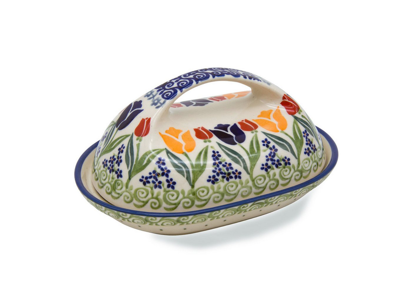 Bunzlauer Keramik Manufaktura Butterdose oval mit großem Griff, Unterteil und Deckel oval geformt, großer Griff.